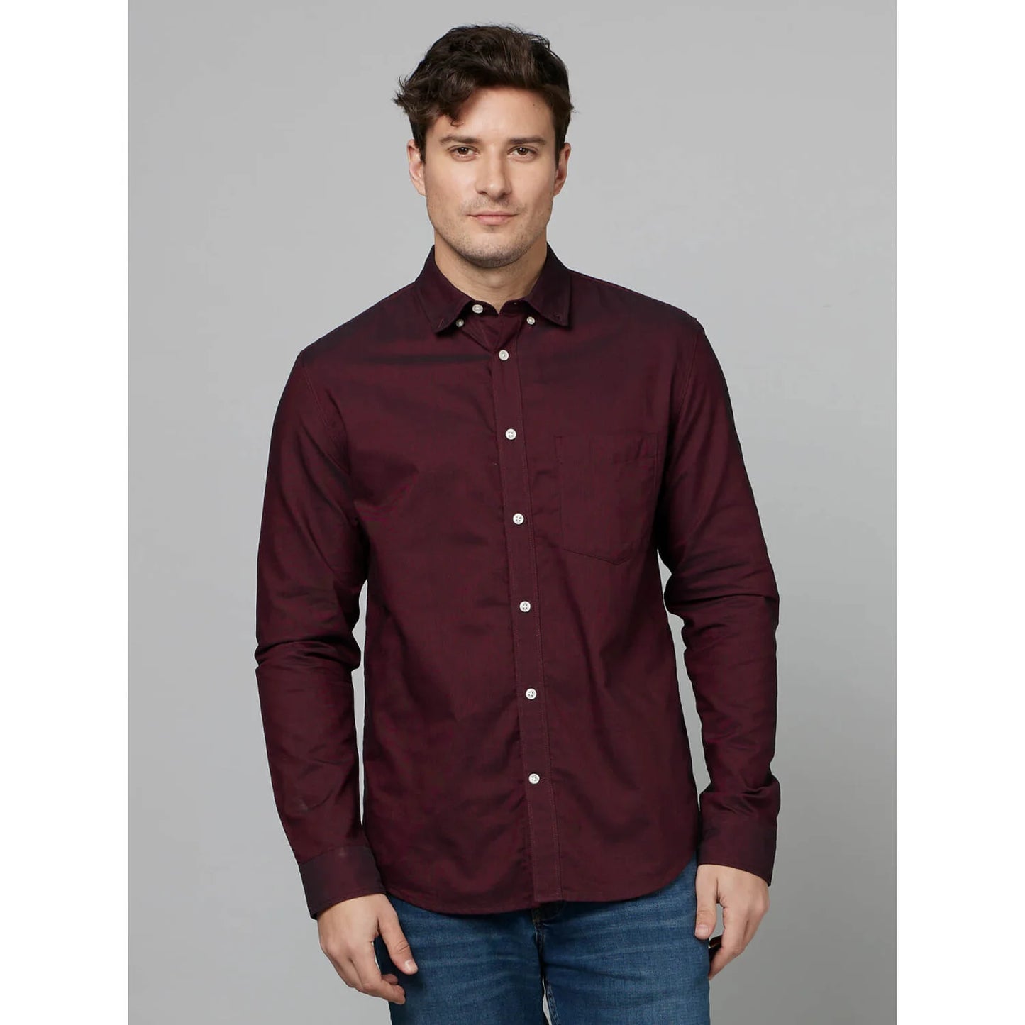 Celio* Solid Regular Fit Cotton Maroon Shirt