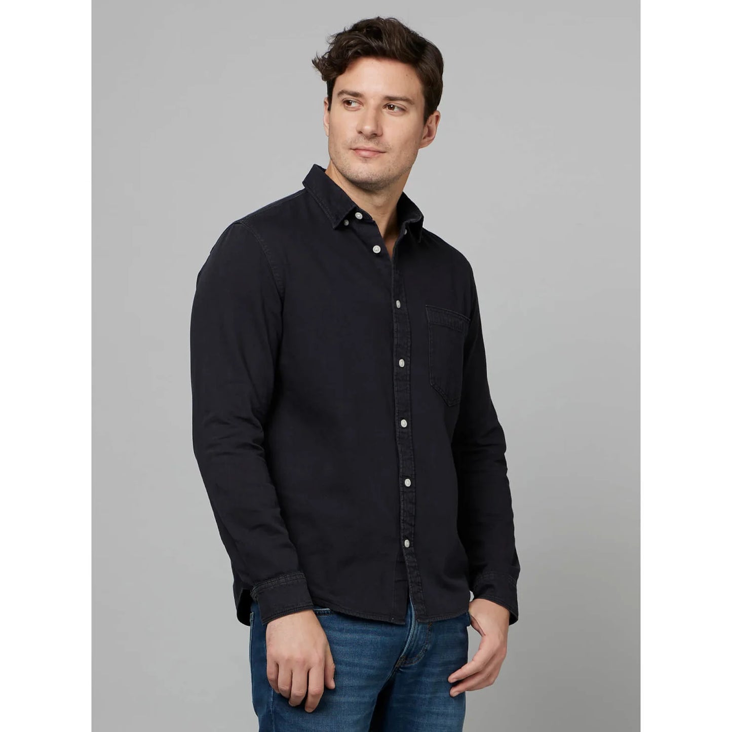 Celio* Solid Regular Fit Cotton Black Shirt