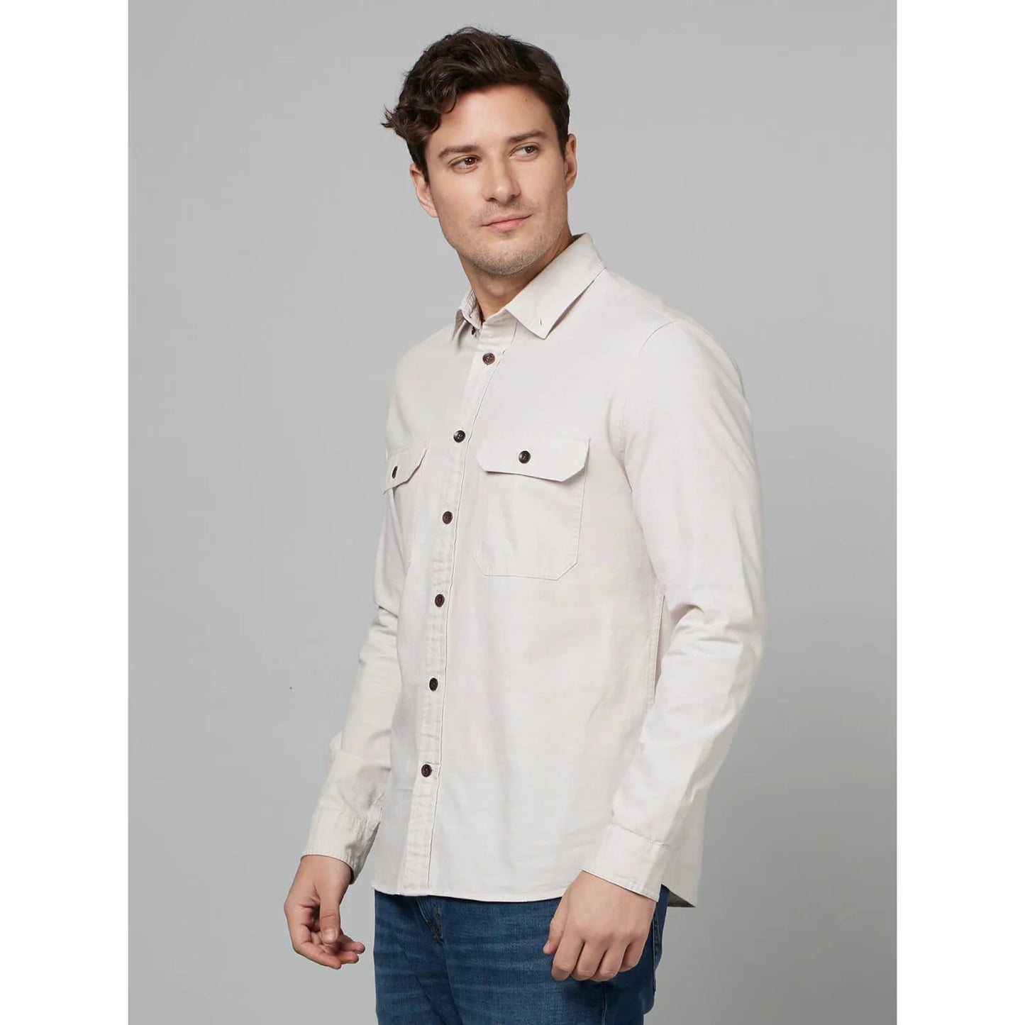 Celio* Solid Regular Fit Cotton Beige Shirt