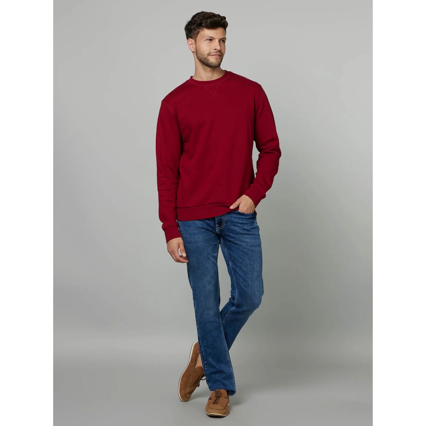 Celio* Solid Regular Fit Cotton Burgundy Sweater