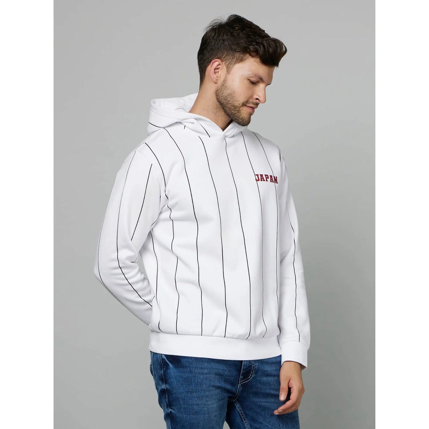Celio* Striped Regular Fit Cotton-Poly-Blend White Sweatshirt