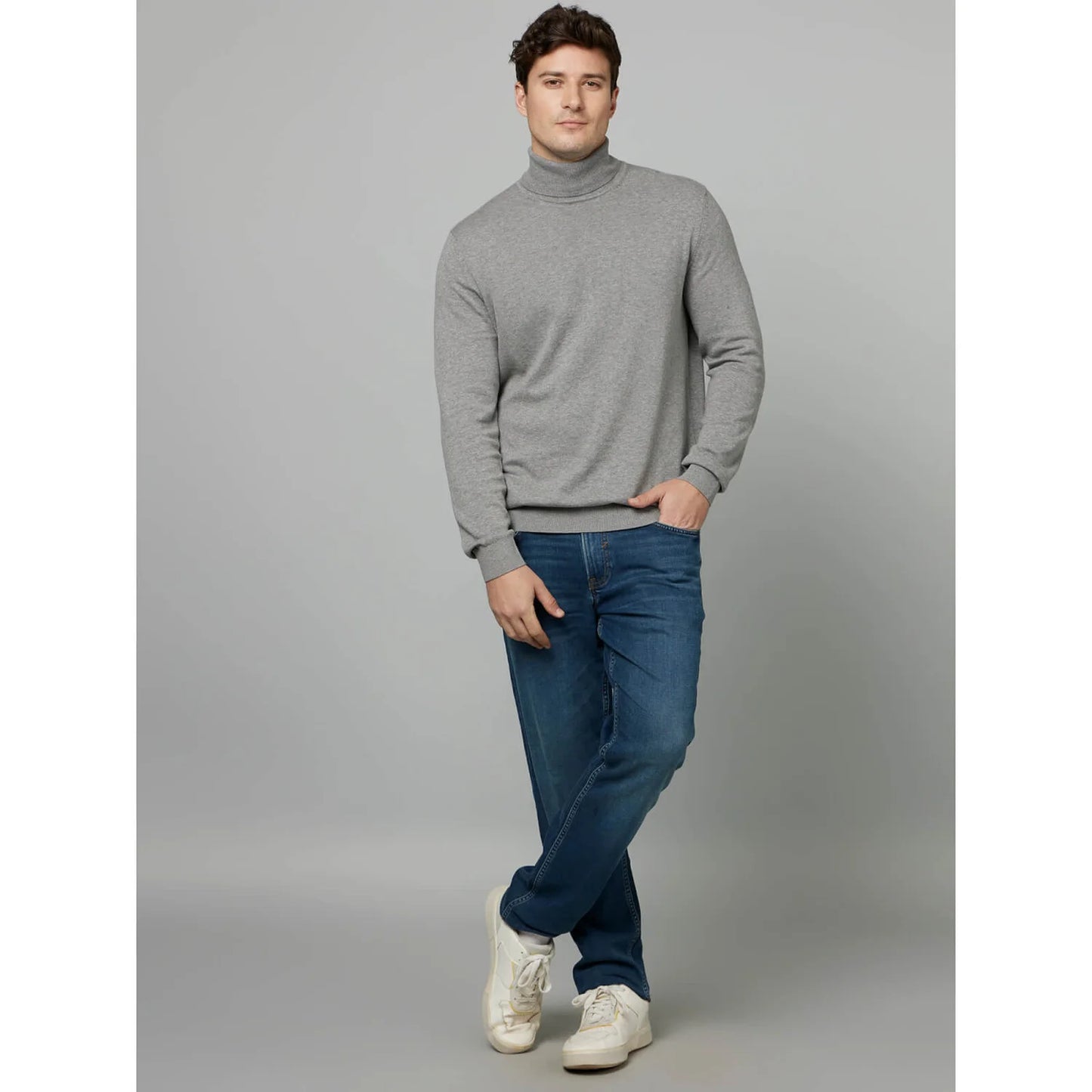 Celio* Solid Regular Fit Cotton Grey Sweater
