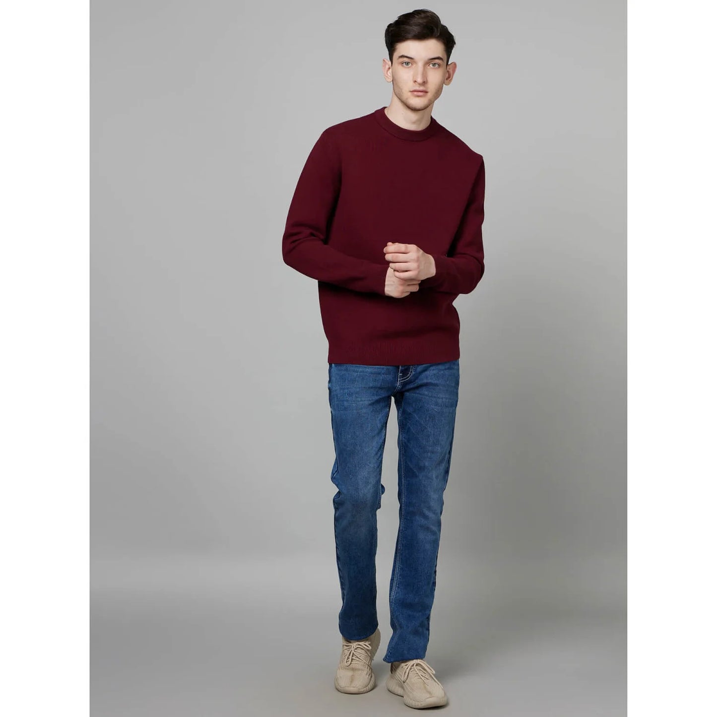 Celio* Solid Regular Fit Cotton-Poly-Blend Burgundy Sweater