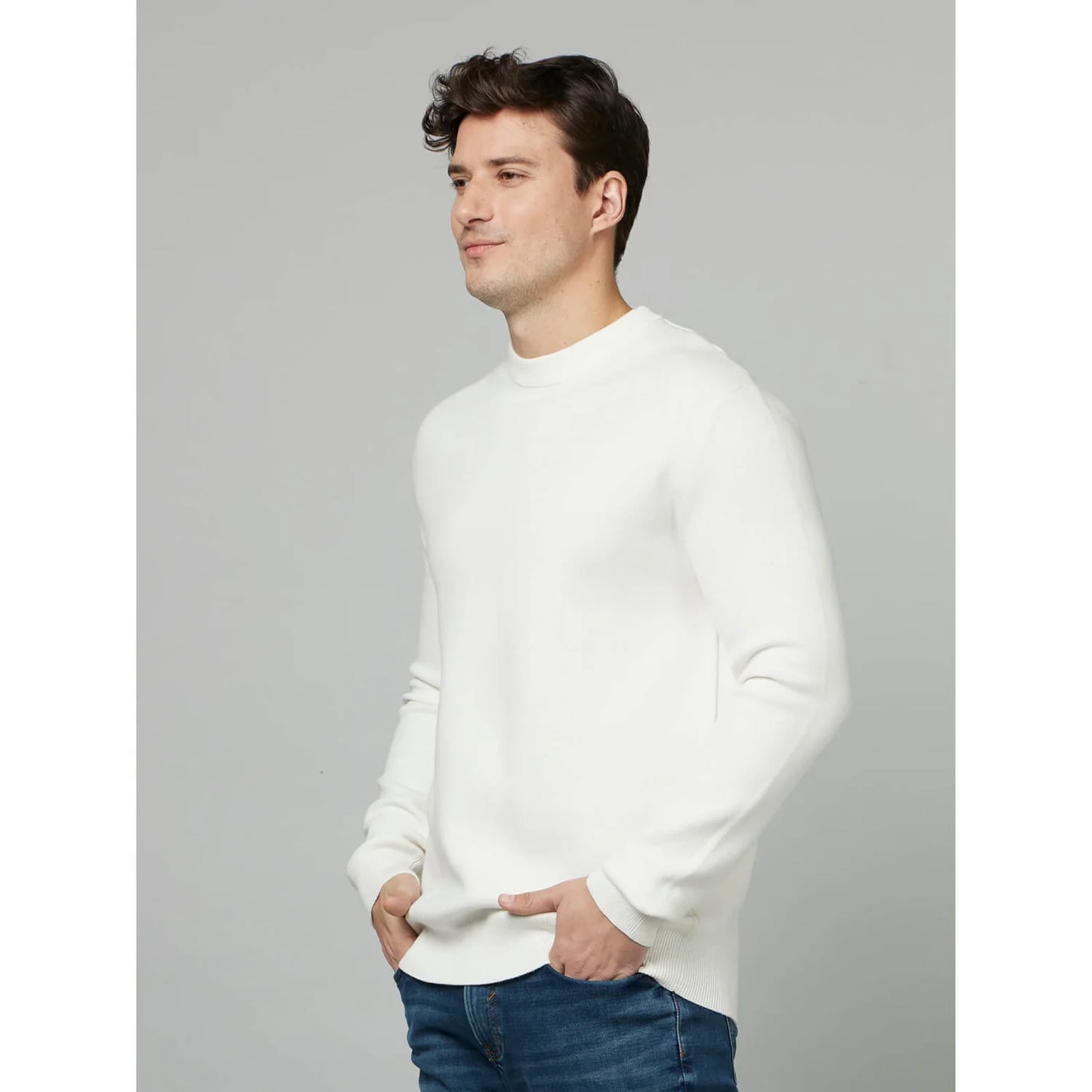 Celio* Solid Regular Fit Cotton-Poly-Blend White Sweater