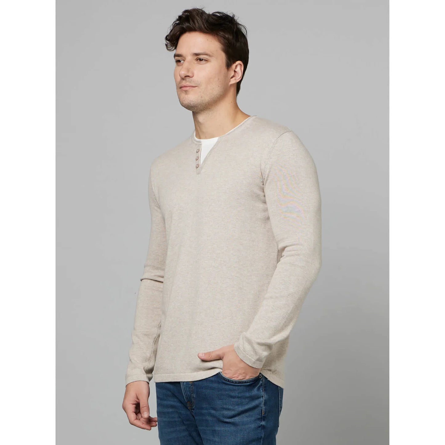 Celio* Solid Regular Fit Cotton Beige Sweater