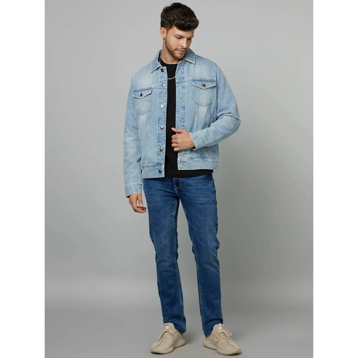 Celio* Solid Regular Fit Cotton Light Blue Jacket