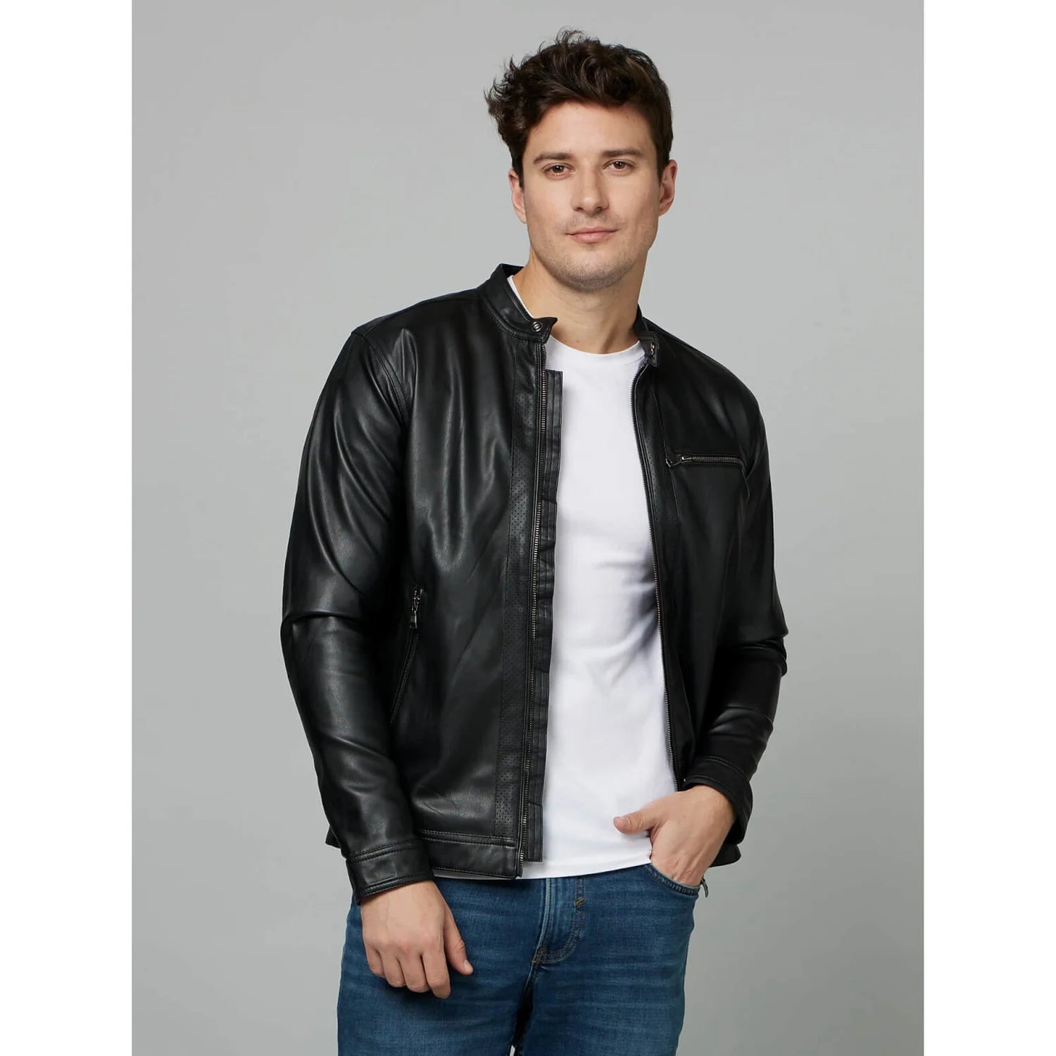 Celio* Solid Regular Fit Leather Black Jacket