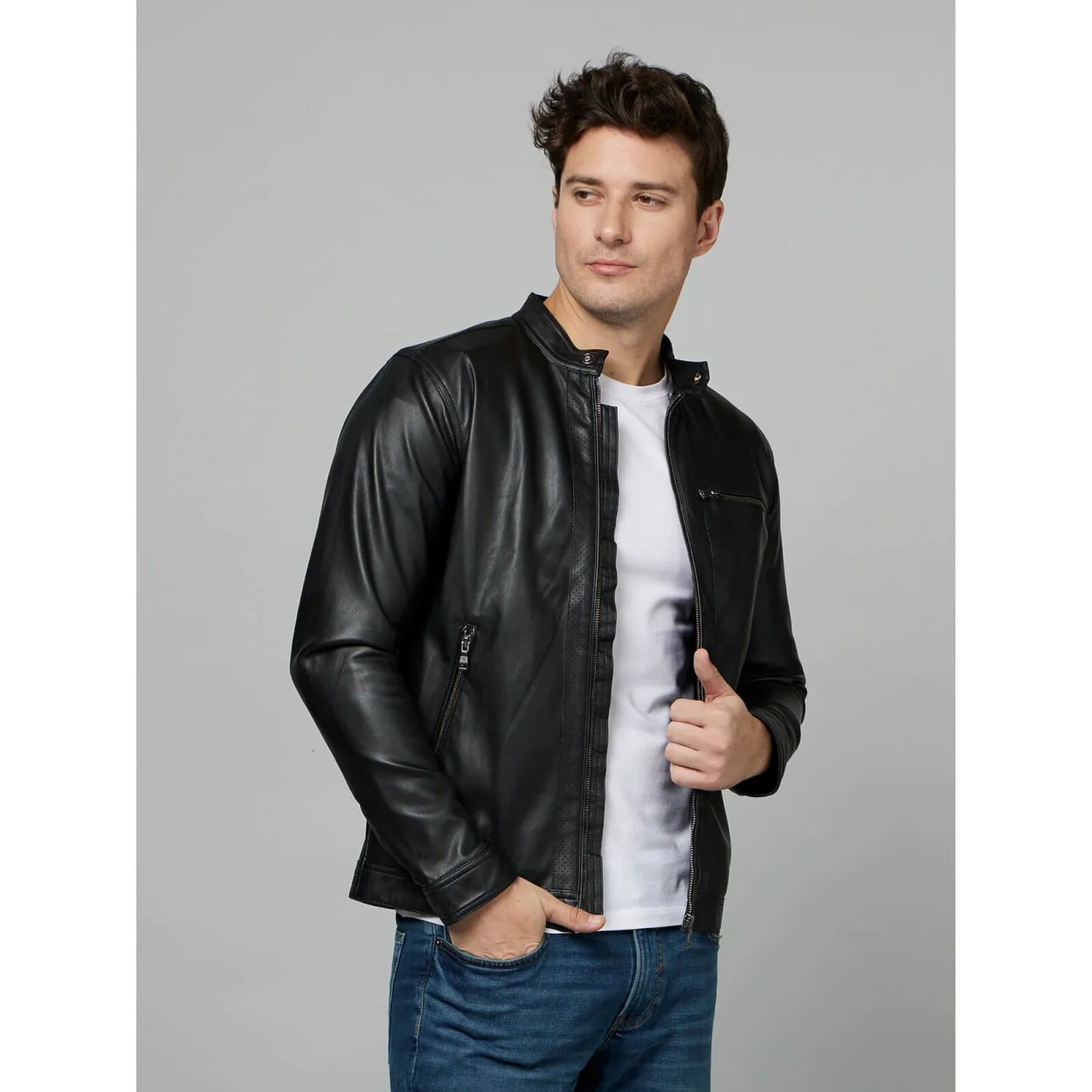 Celio* Solid Regular Fit Leather Black Jacket