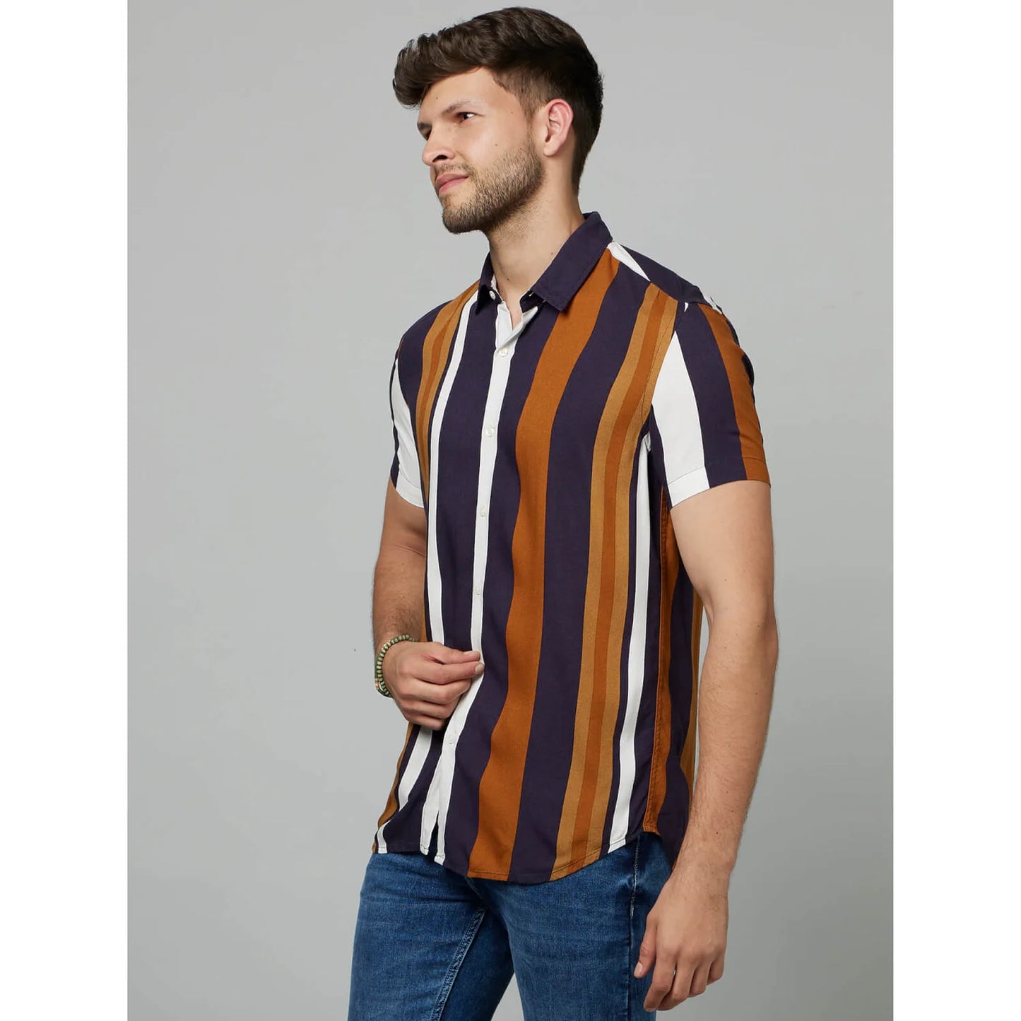 Celio* Striped Regular Fit Viscose Mustard Shirts