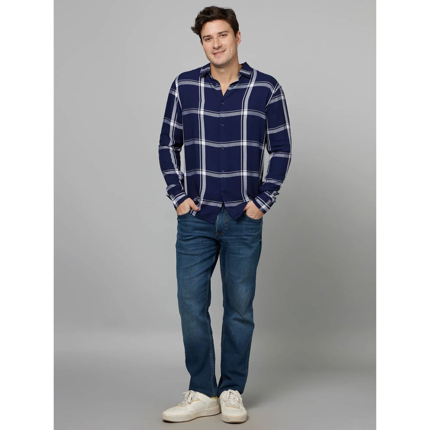 Celio* Checked Regular Fit Viscose Navy Blue Shirt