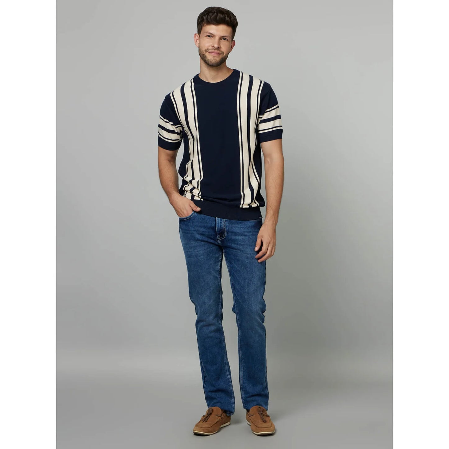 Celio* Striped Regular Fit Cotton Navy Blue T-Shirt
