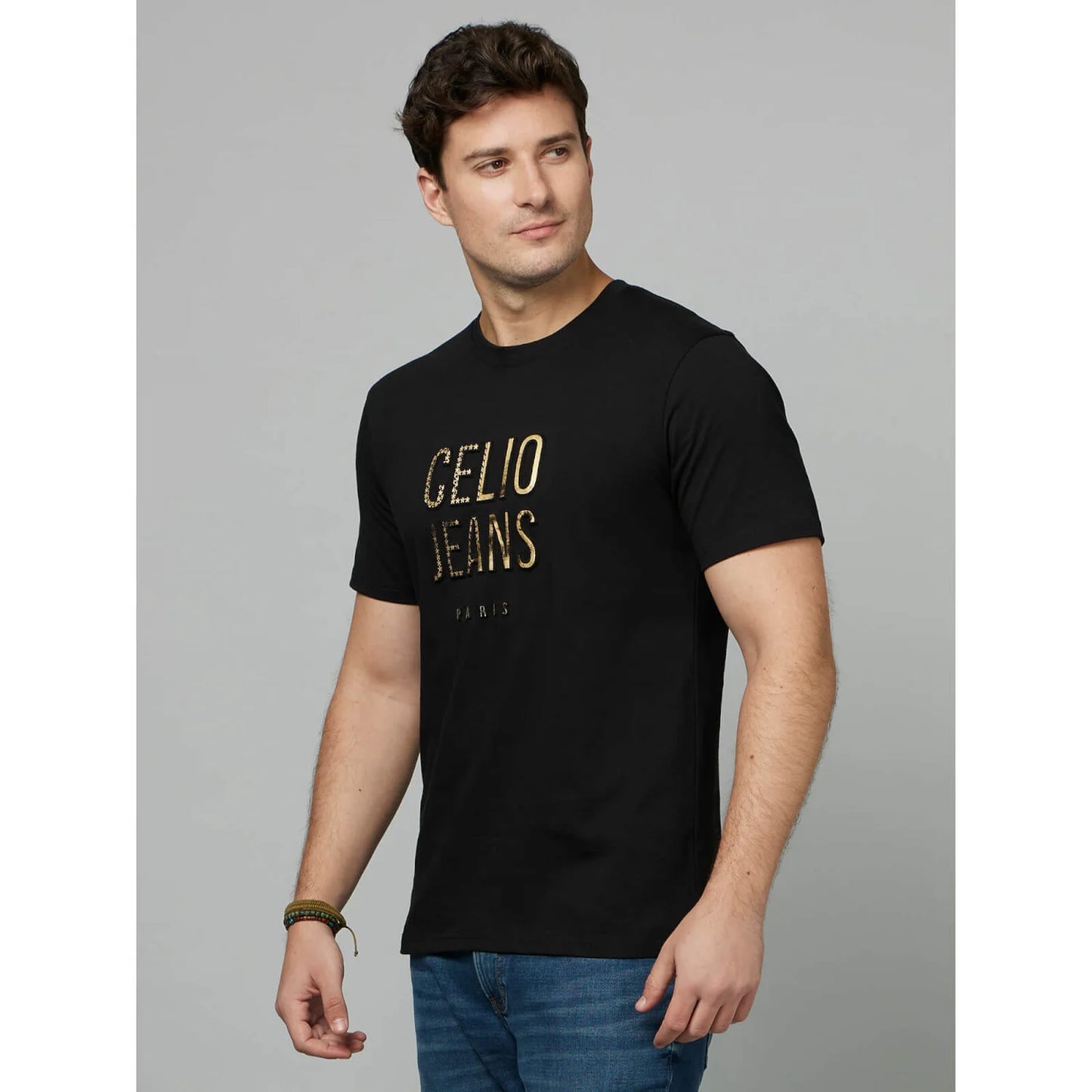 Celio* Printed Regular Fit Cotton Black T-Shirt