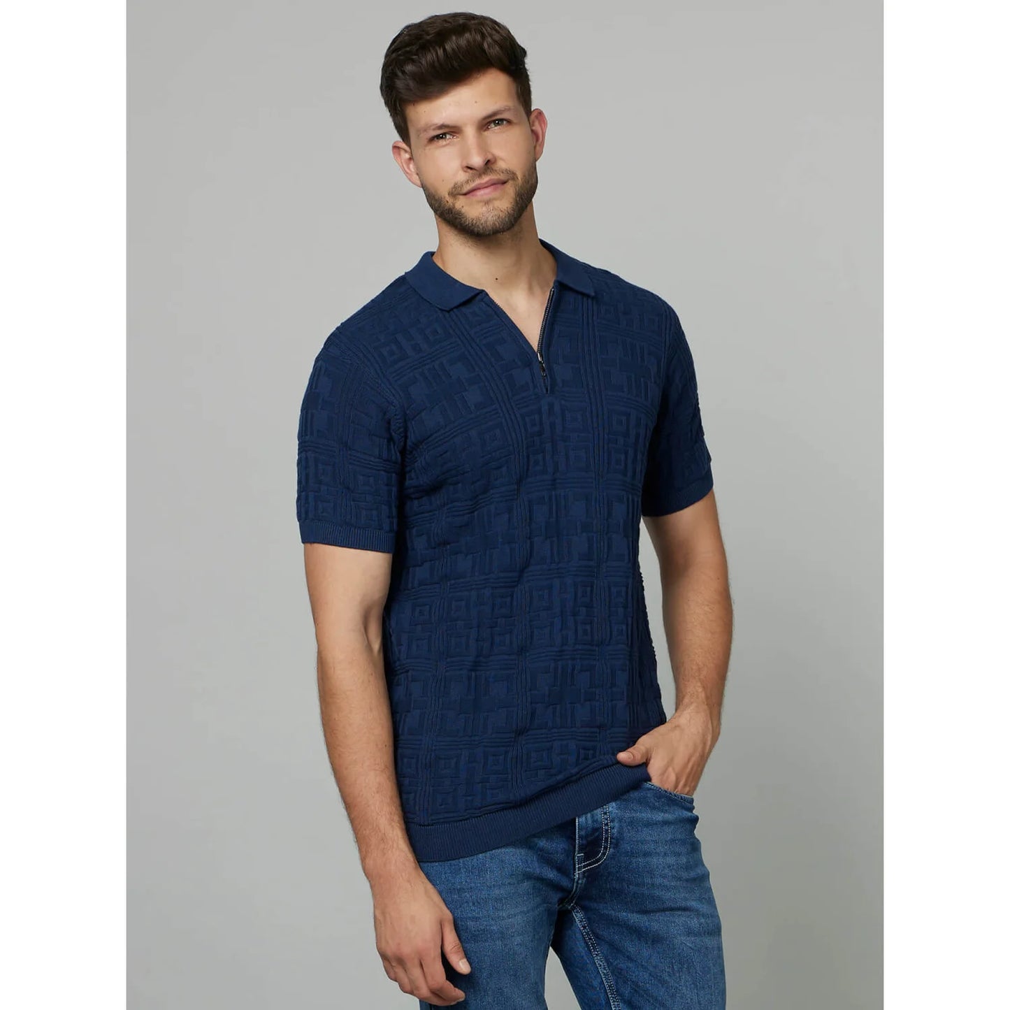 Celio* Textured Regular Fit Cotton Navy Blue T-Shirt