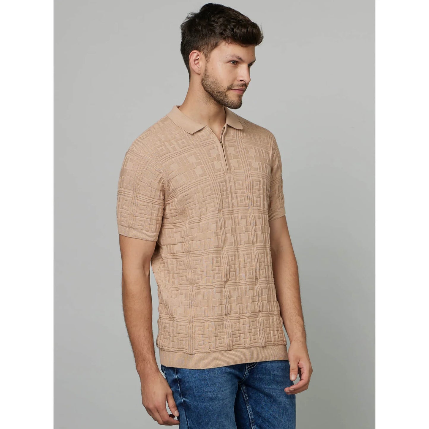 Celio* Textured Regular Fit Cotton Beige T-Shirt