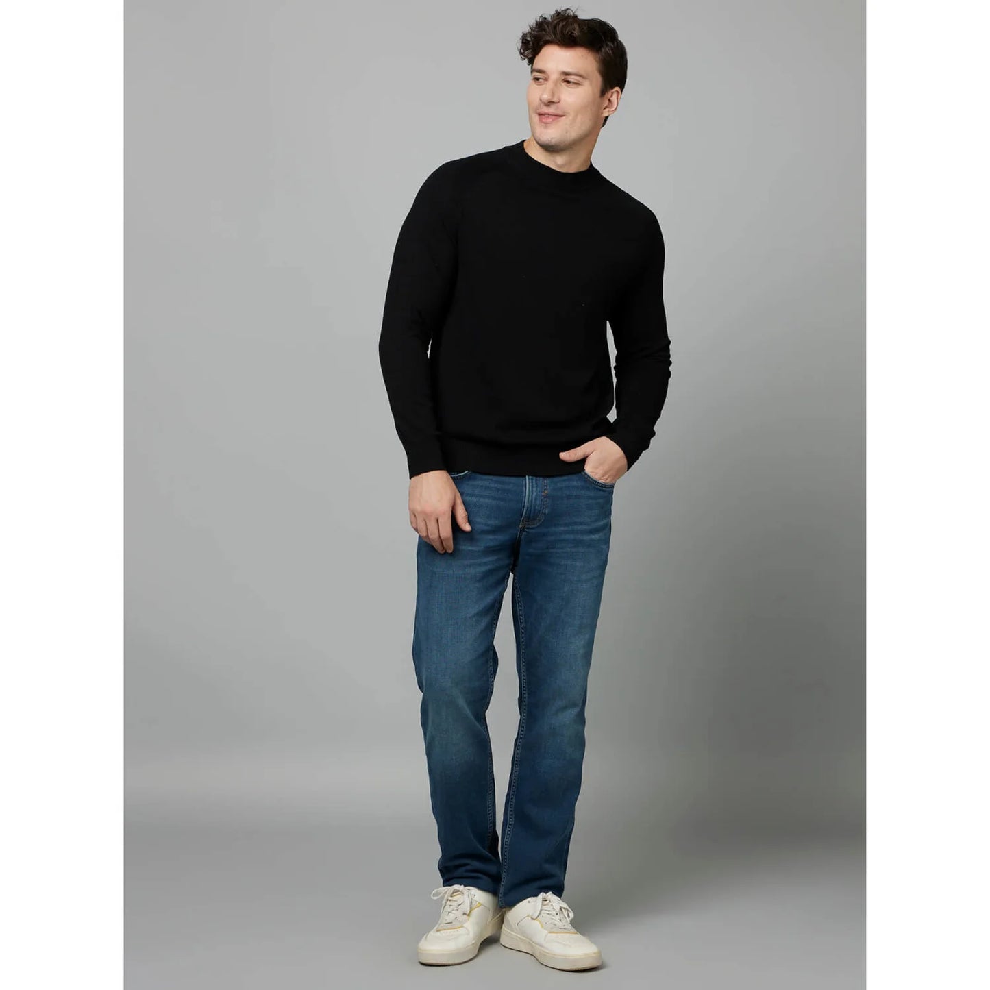 Celio* Solid Regular Fit Viscose-Blend Black Sweater