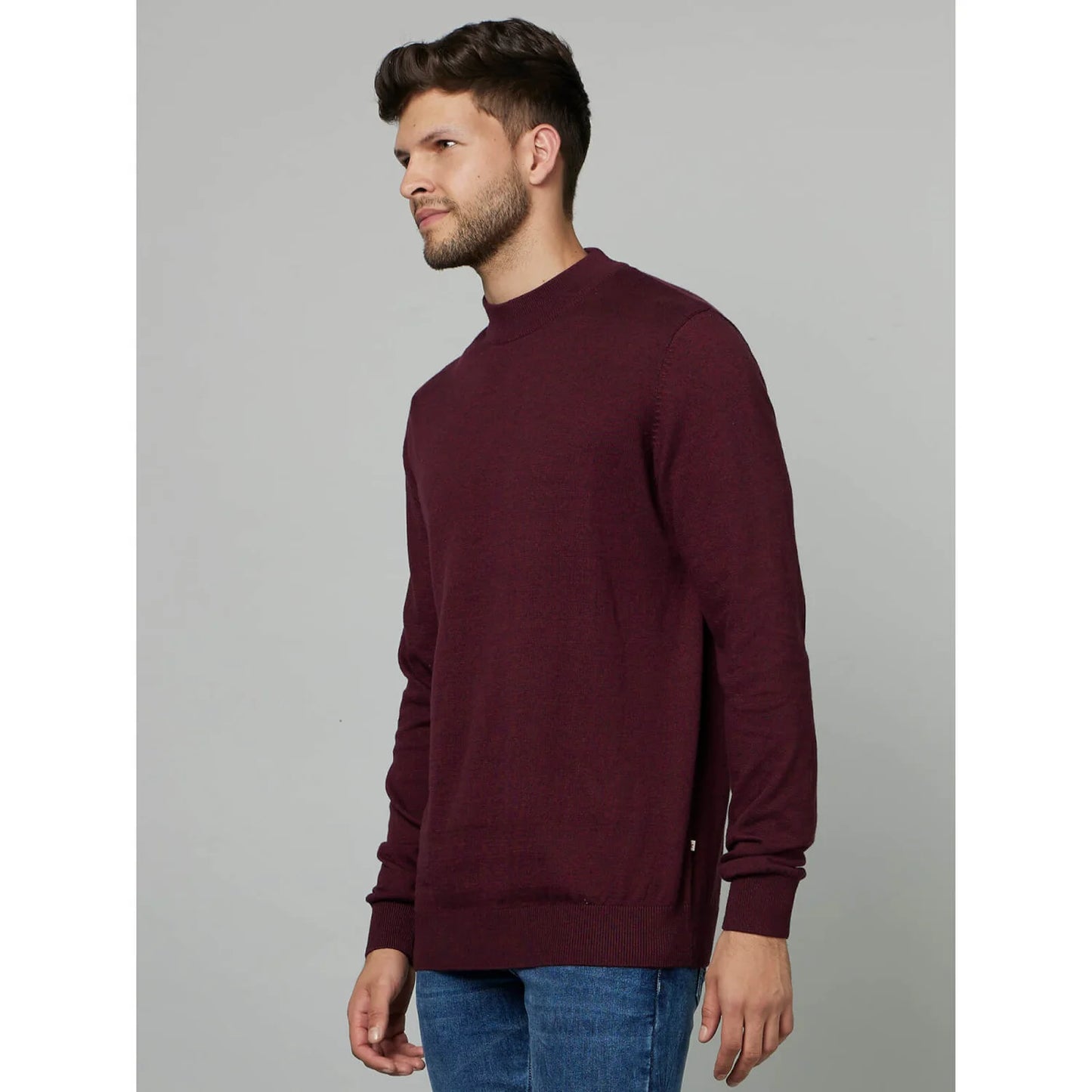 Celio* Solid Regular Fit Cotton Maroon Sweater