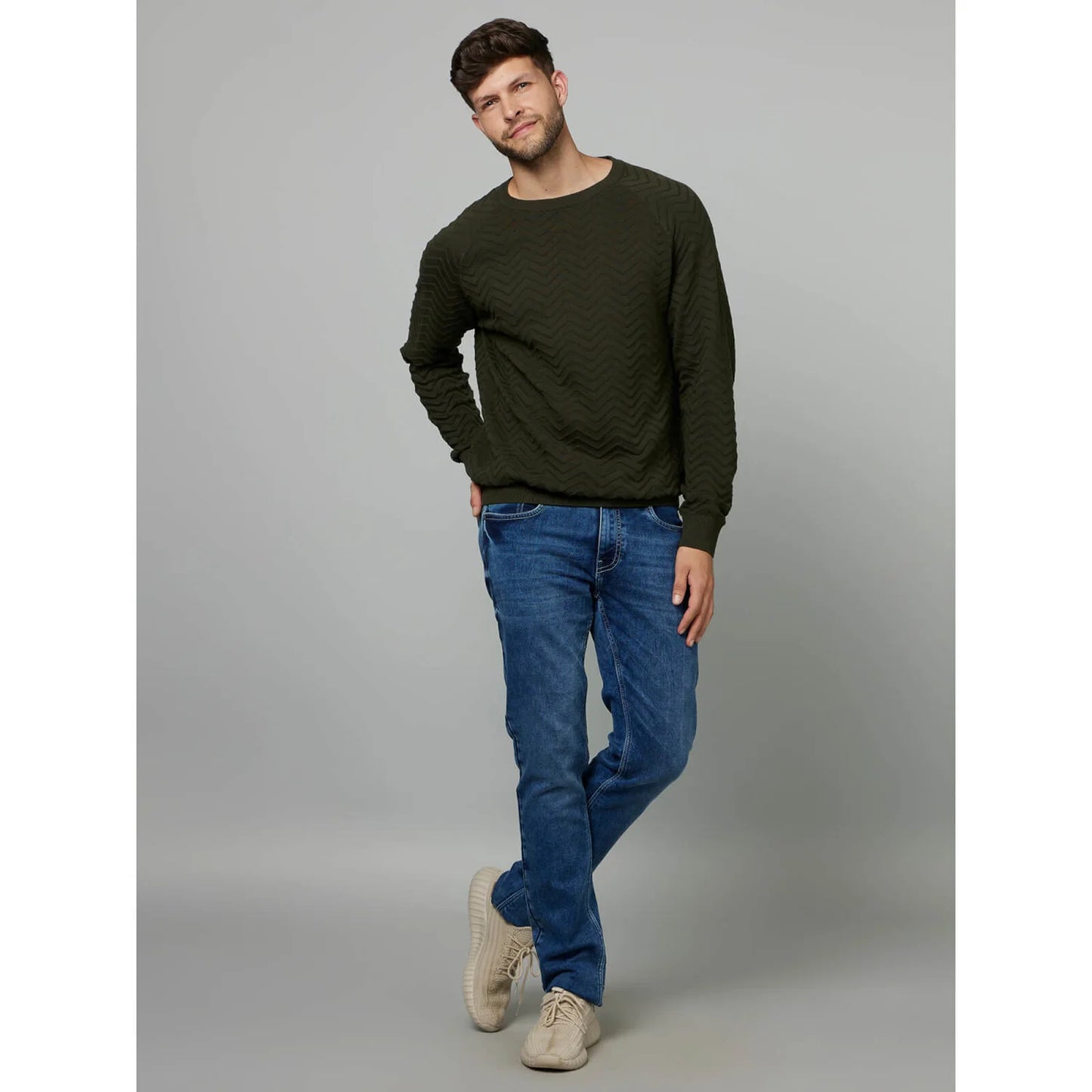Celio* Textured Regular Fit Cotton Olive Sweater
