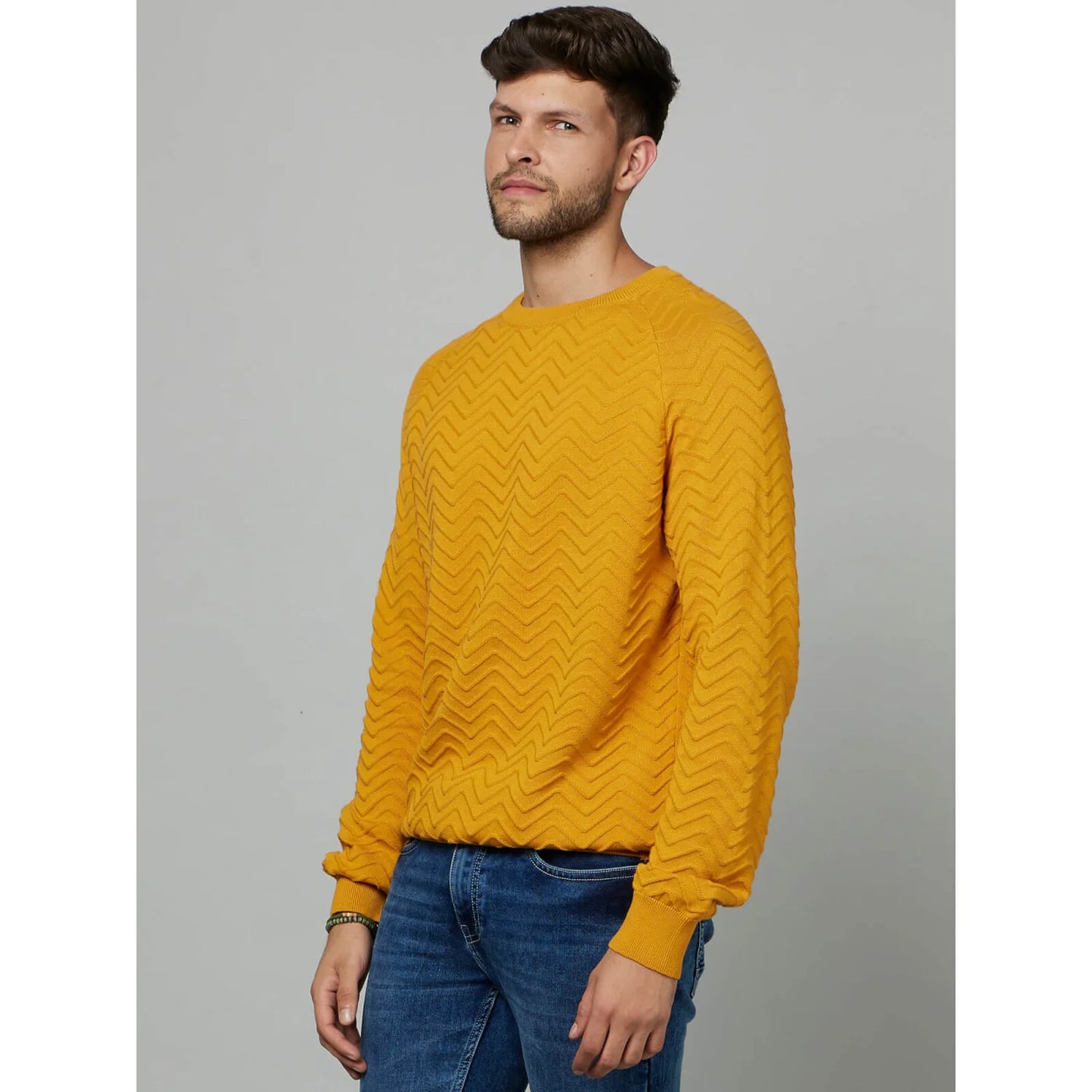 Celio* Textured Regular Fit Cotton Yellow Sweater