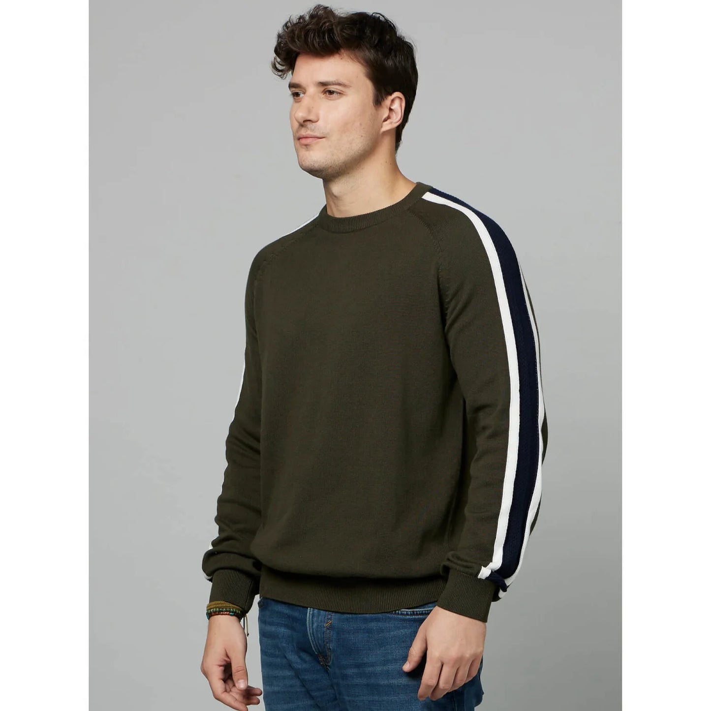 Celio* Striped Regular Fit Cotton Green Sweater