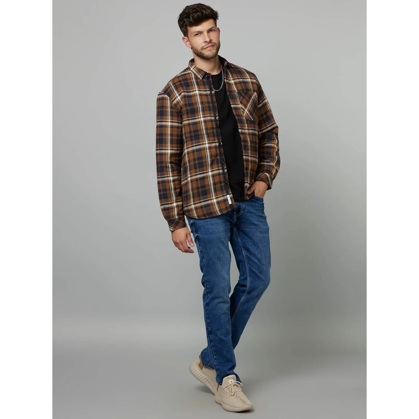 Celio* Checked Regular Fit Cotton Brown Jacket