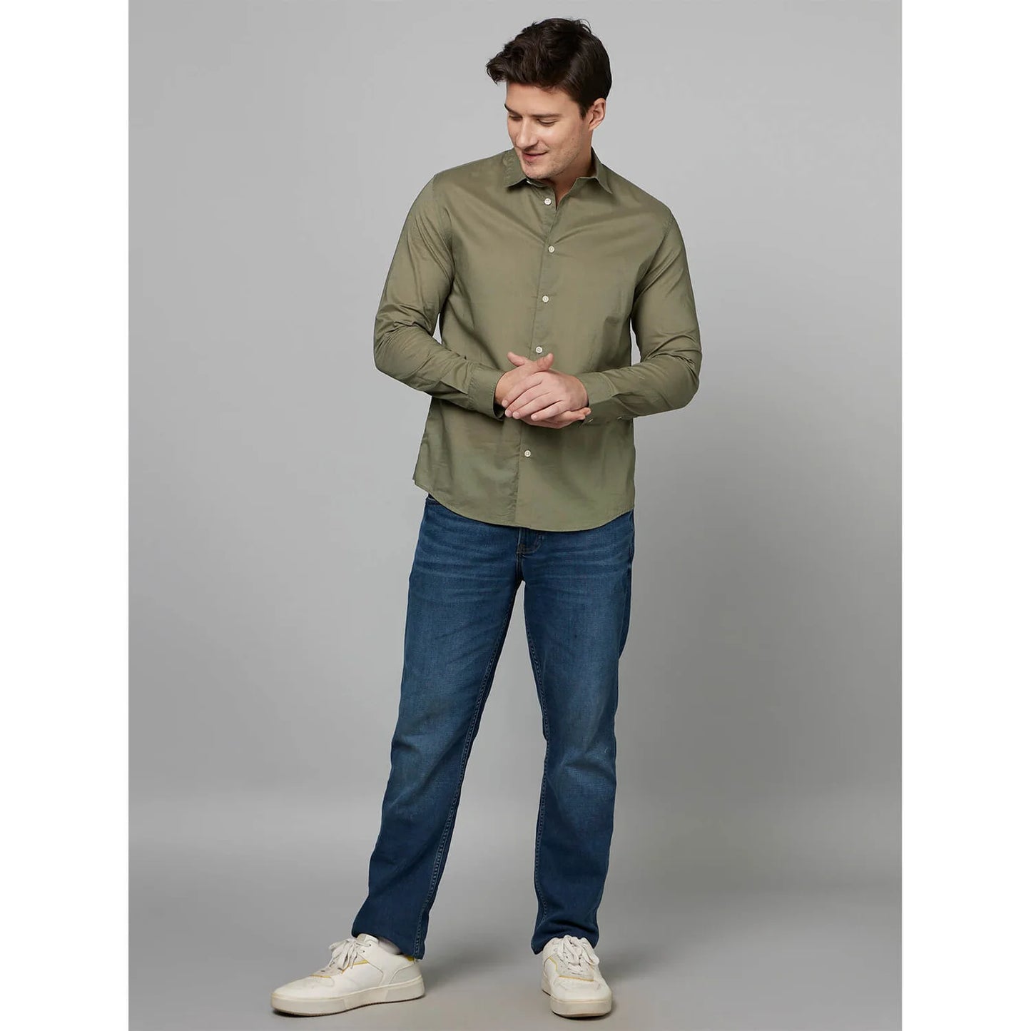 Celio* Solid Regular Fit Cotton Olive Formal Shirt