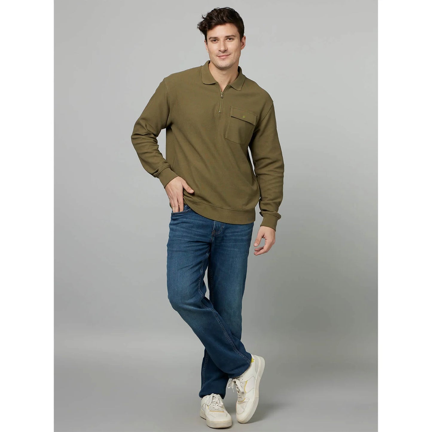 Celio* Solid Regular Fit Cotton Khaki Sweater