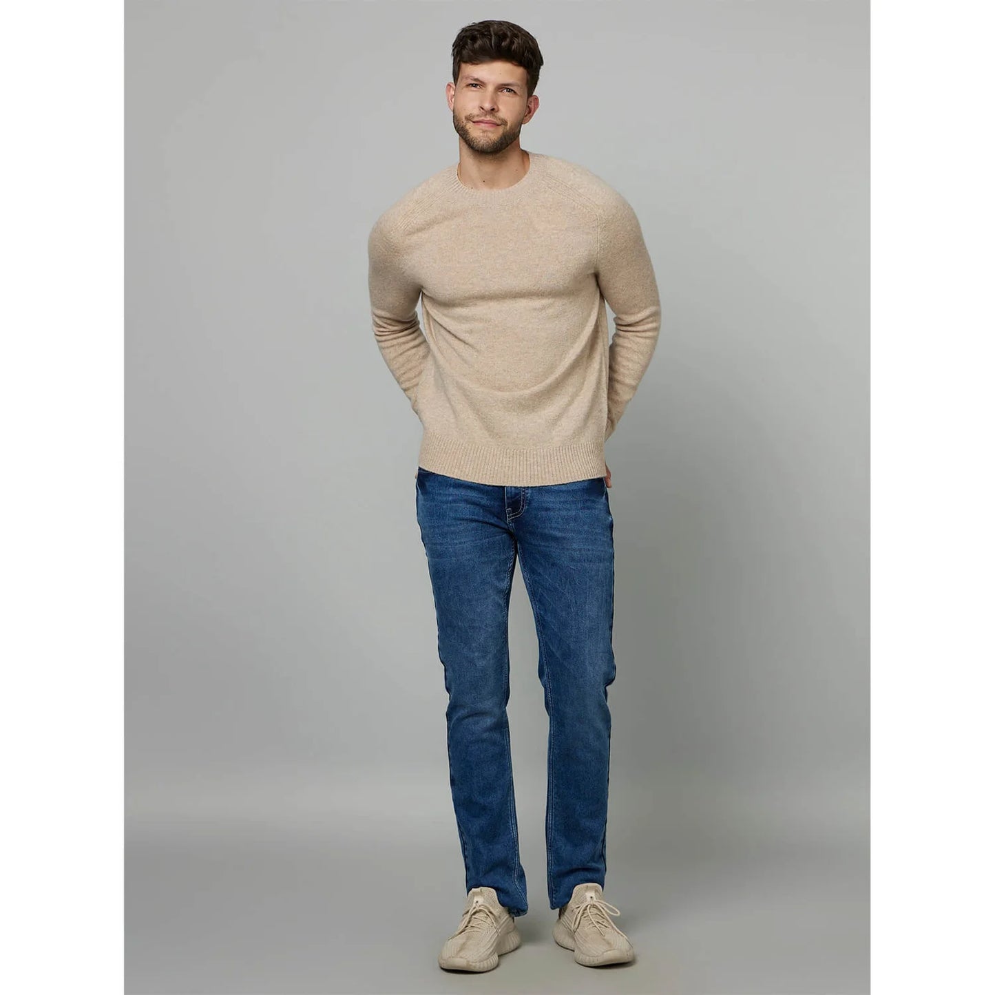 Celio* Solid Slim Fit Cotton-Poly-Blend Cream Sweater