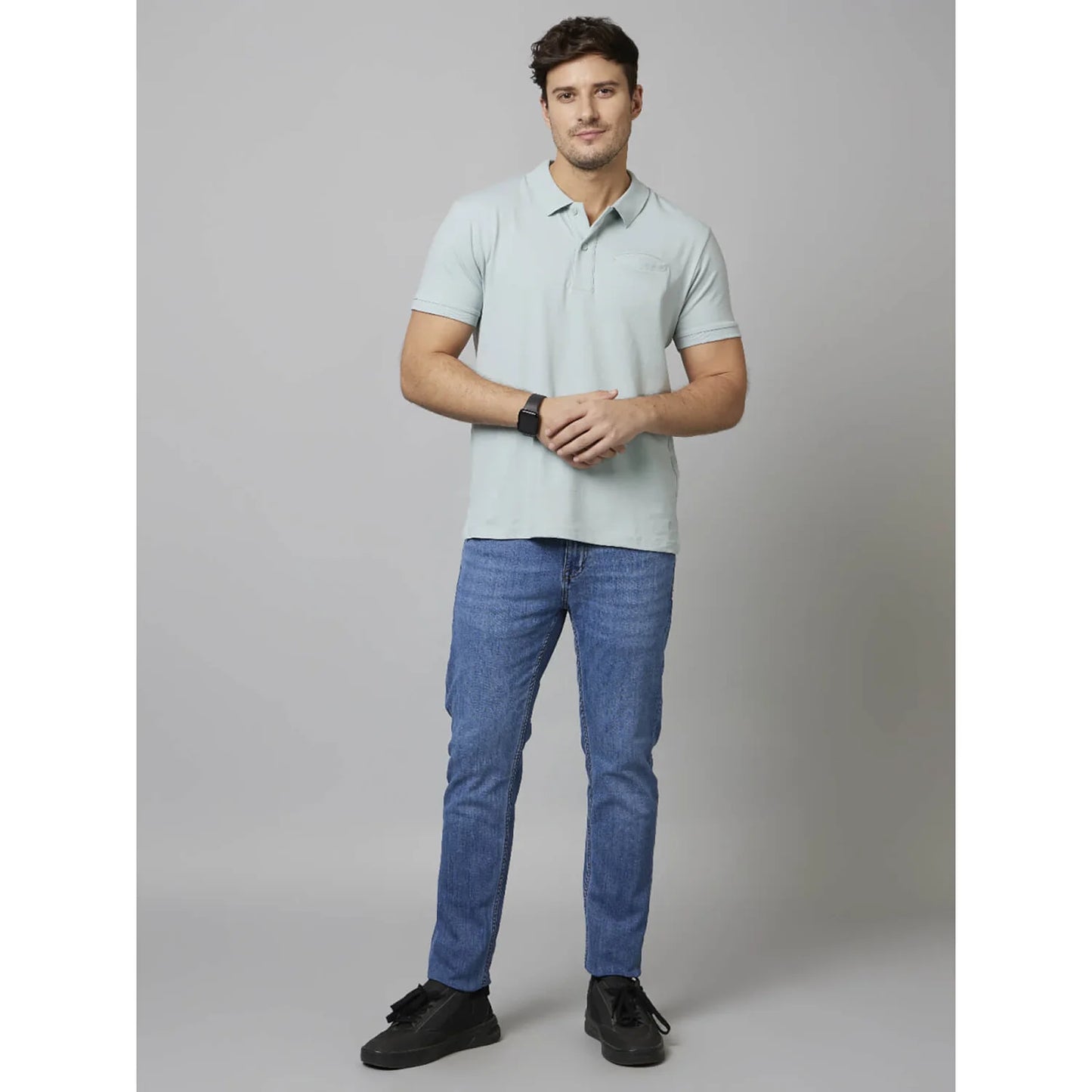 Celio* Solid Regular Fit Cotton-Poly-Blend Blue T-Shirt