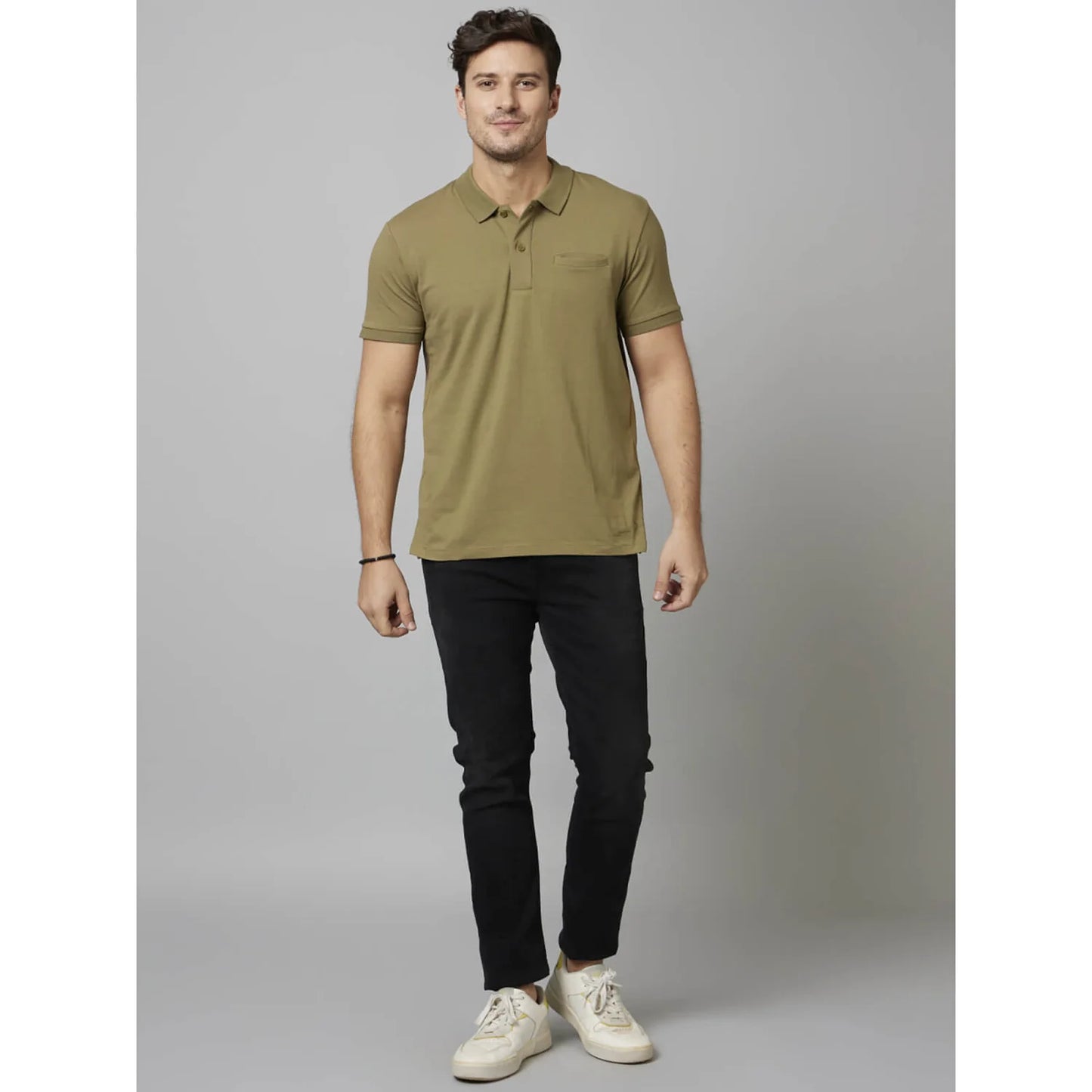 Celio* Solid Regular Fit Cotton-Poly-Blend Khaki T-Shirt