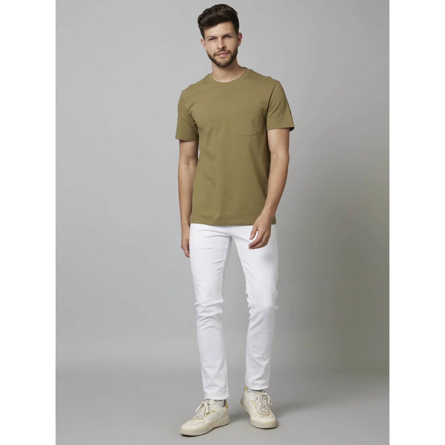 Celio* Solid Regular Fit Cotton-Poly-Blend Khaki T-Shirt