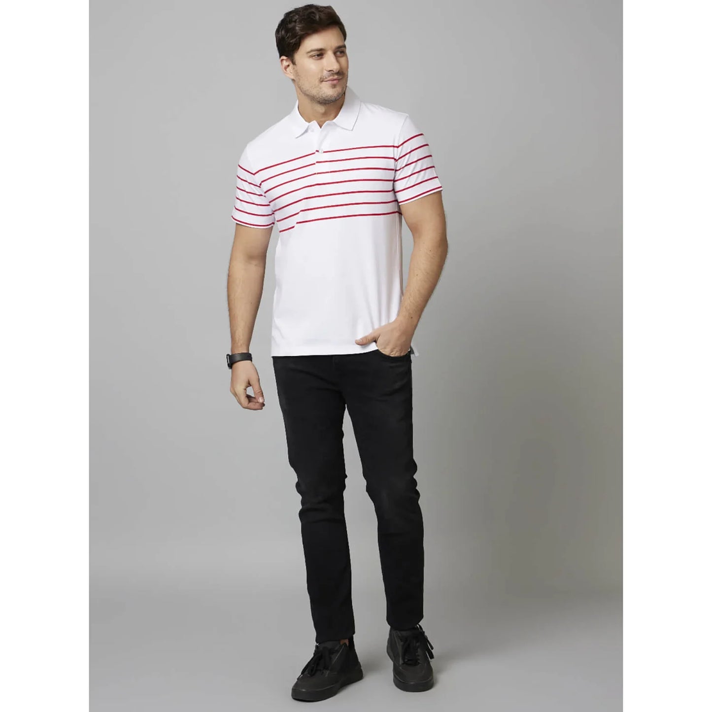 Celio* Striped Regular Fit Cotton White T-Shirt