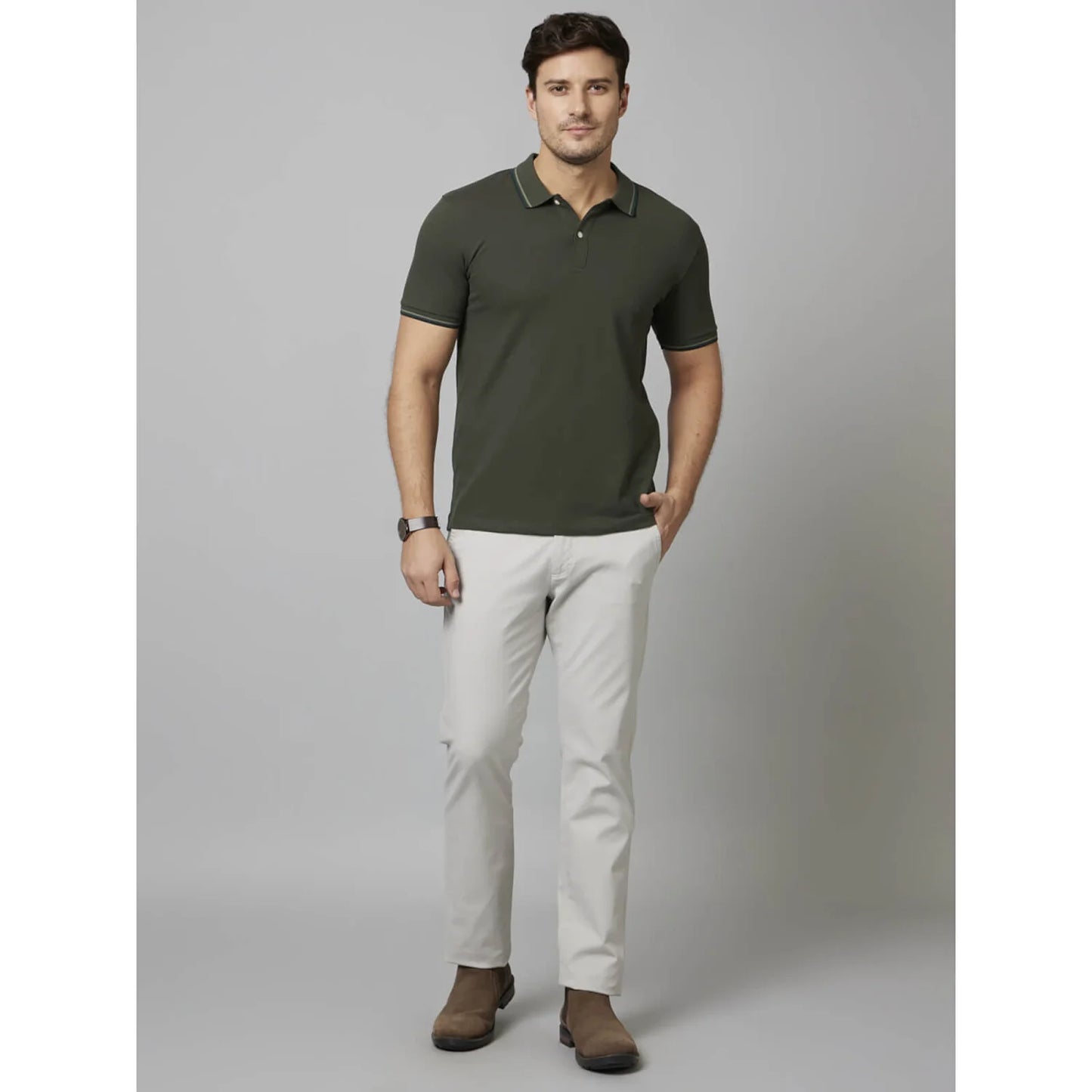 Celio* Solid Regular Fit Cotton-Blend Olive T-Shirt