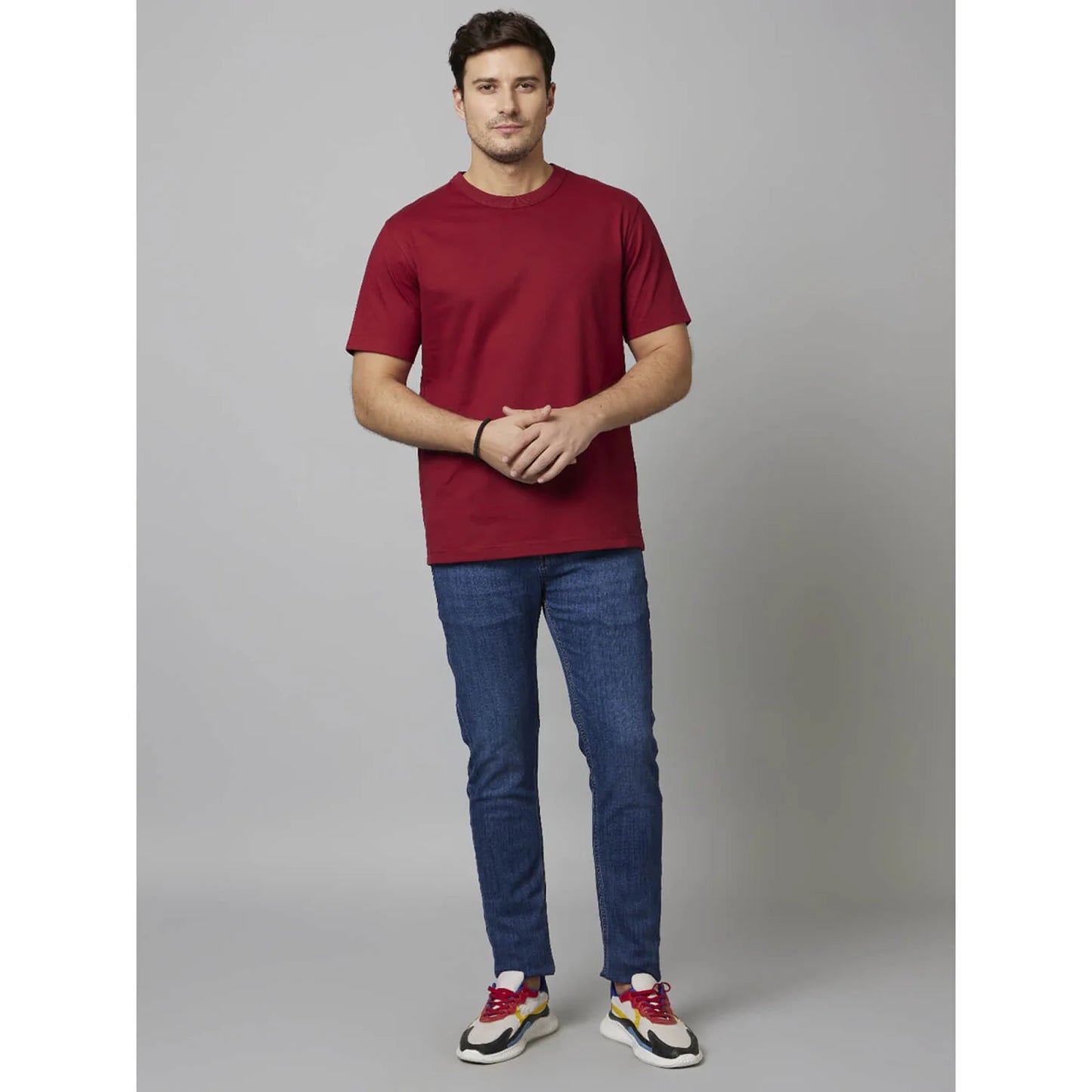 Celio* Solid Regular Fit Cotton Burgundy T-Shirt