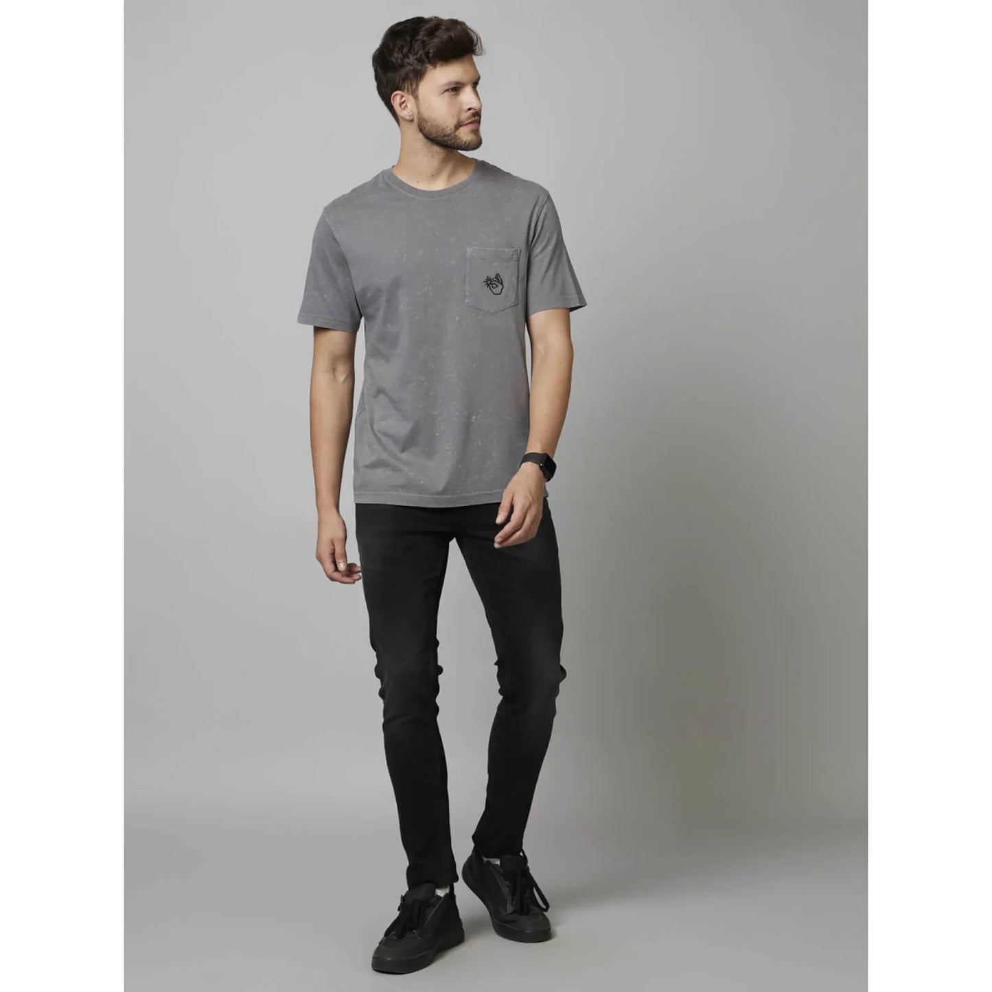 Celio* Embroidered Regular Fit Cotton Grey T-Shirt