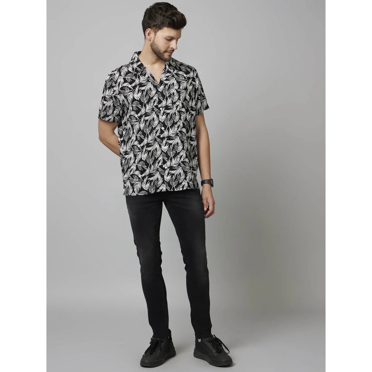 Celio* Printed Regular Fit Viscose Black Shirt
