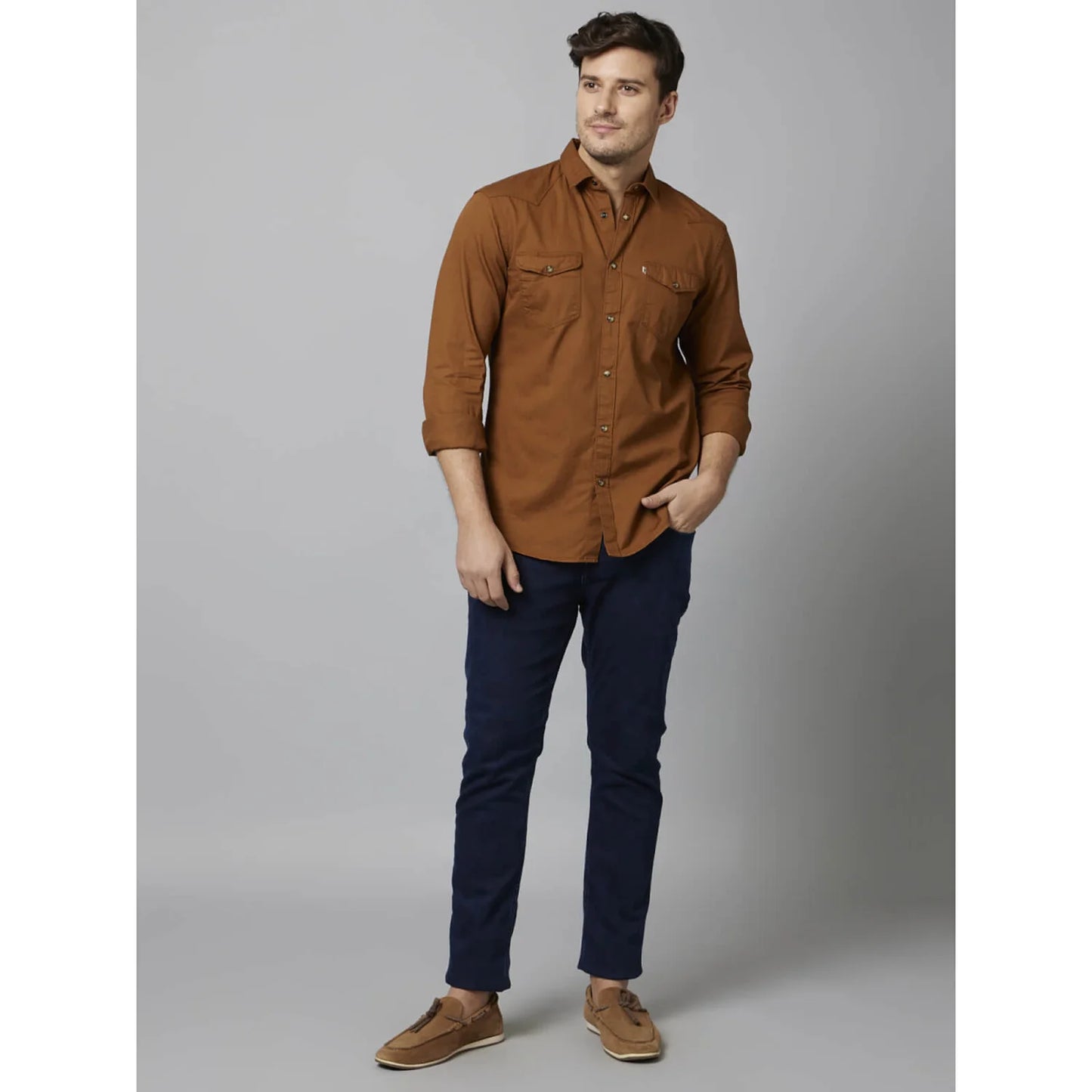 Celio* Solid Regular Fit Cotton Brown Shirt
