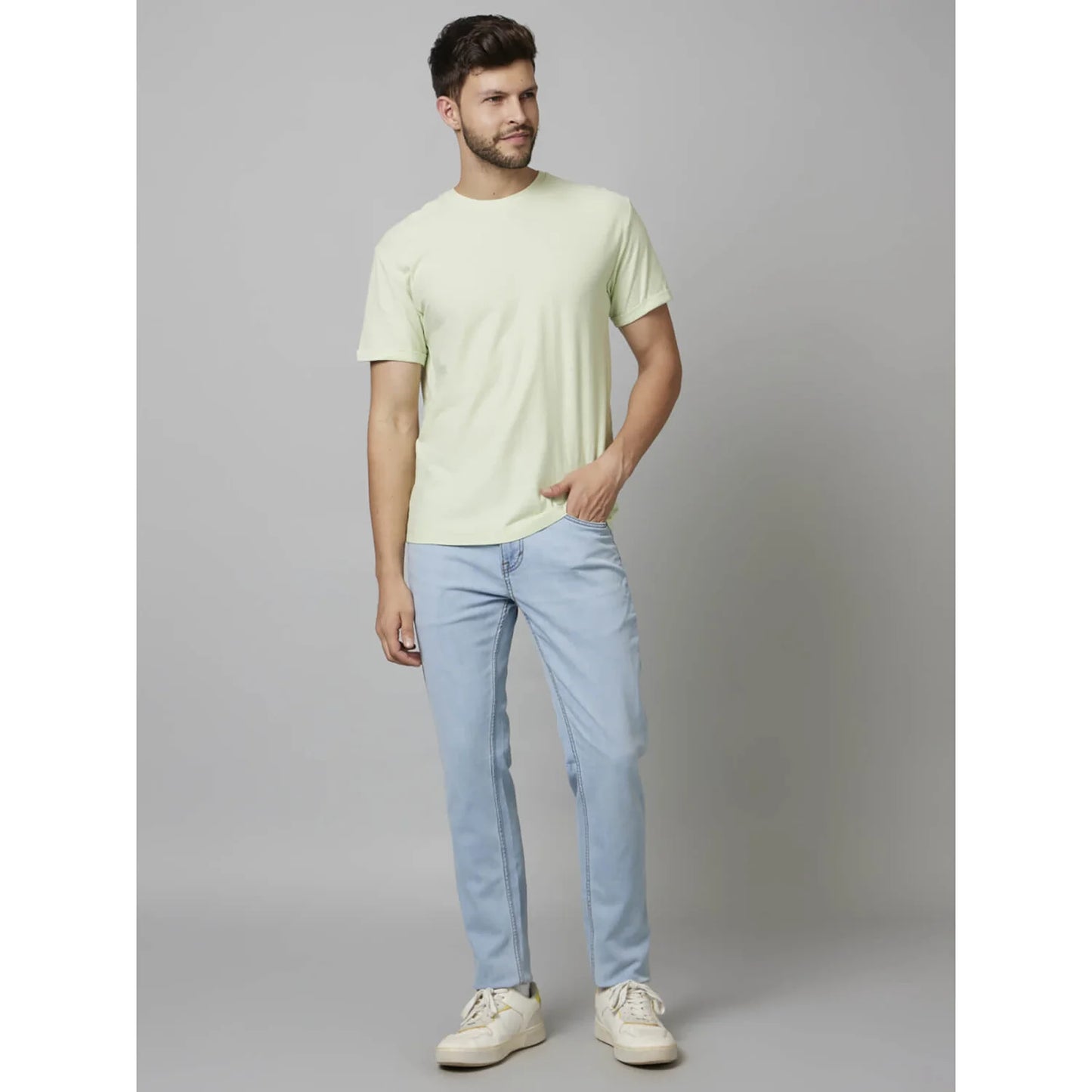 Celio* Solid Regular Fit Cotton Green T-Shirt
