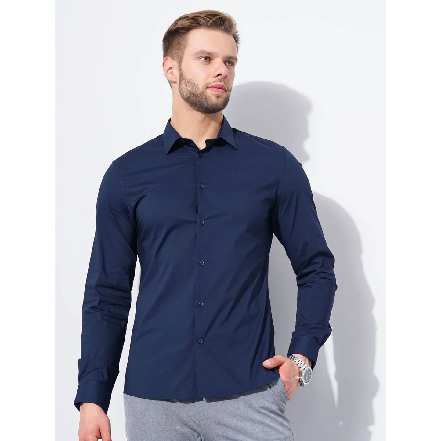 Celio* Solid Regular Fit Workwear Navy Blue Formal Shirt