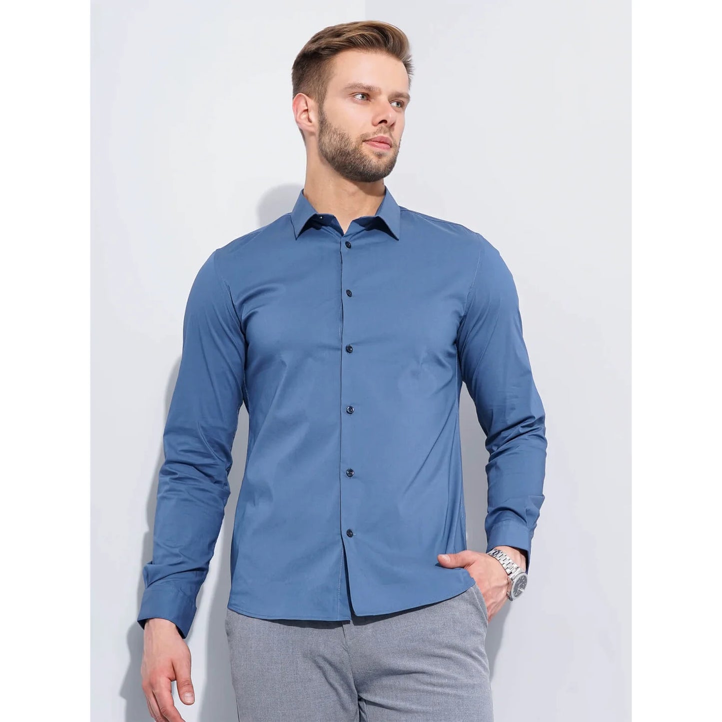 Celio* Solid Regular Fit Workwear Blue Shirts