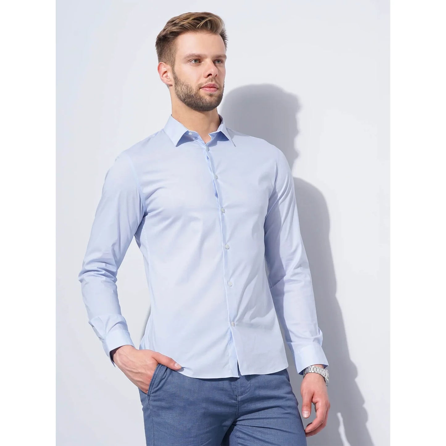 Celio* Solid Regular Fit Workwear Light Blue Shirts