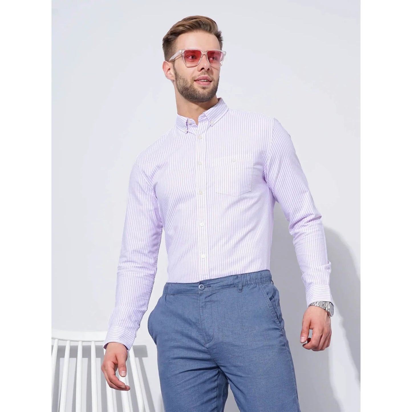 Celio* Striped Regular Fit Workwear Purple Formal Shirt