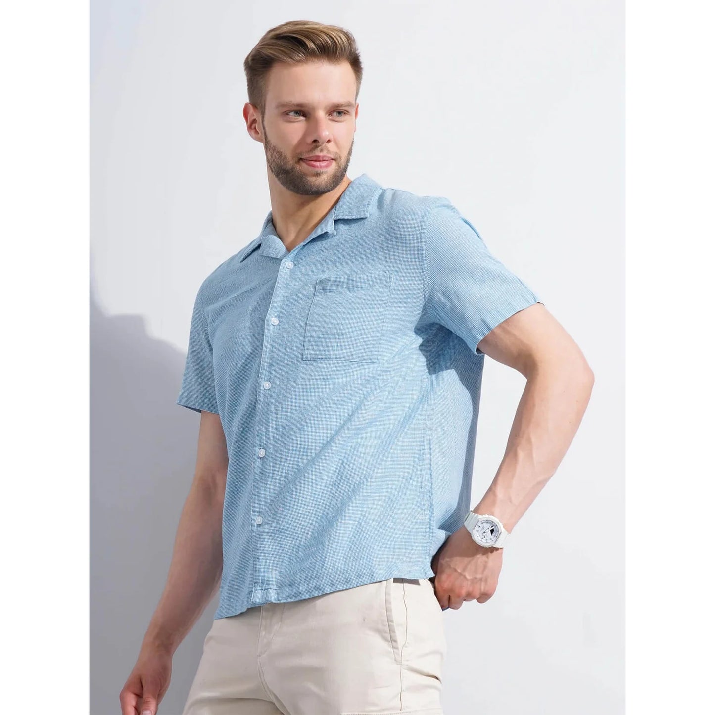 Celio* Checked Regular Fit Cotton-Linen-Blend Blue Shirt
