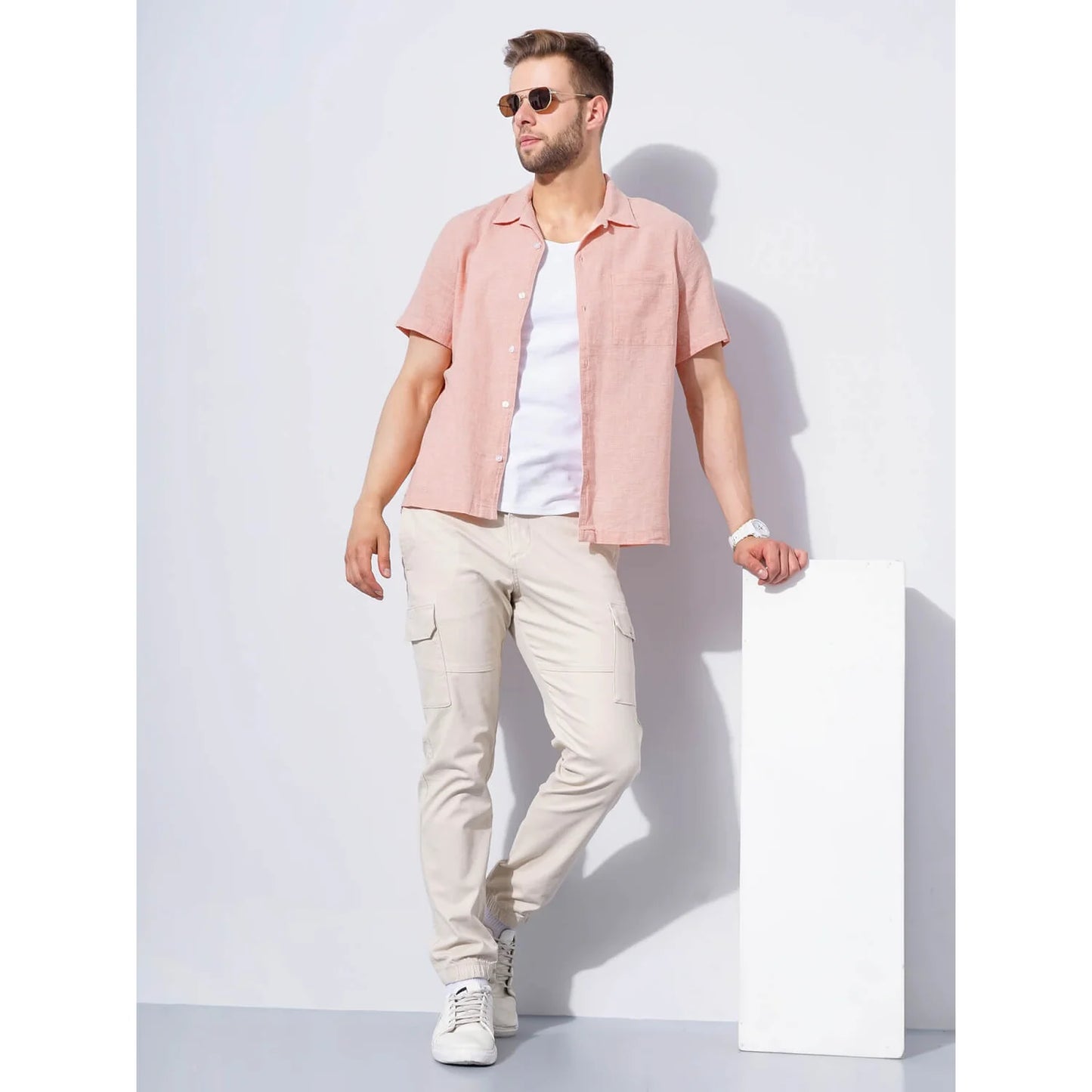 Celio* Checked Regular Fit Cotton-Linen-Blend Peach Shirt
