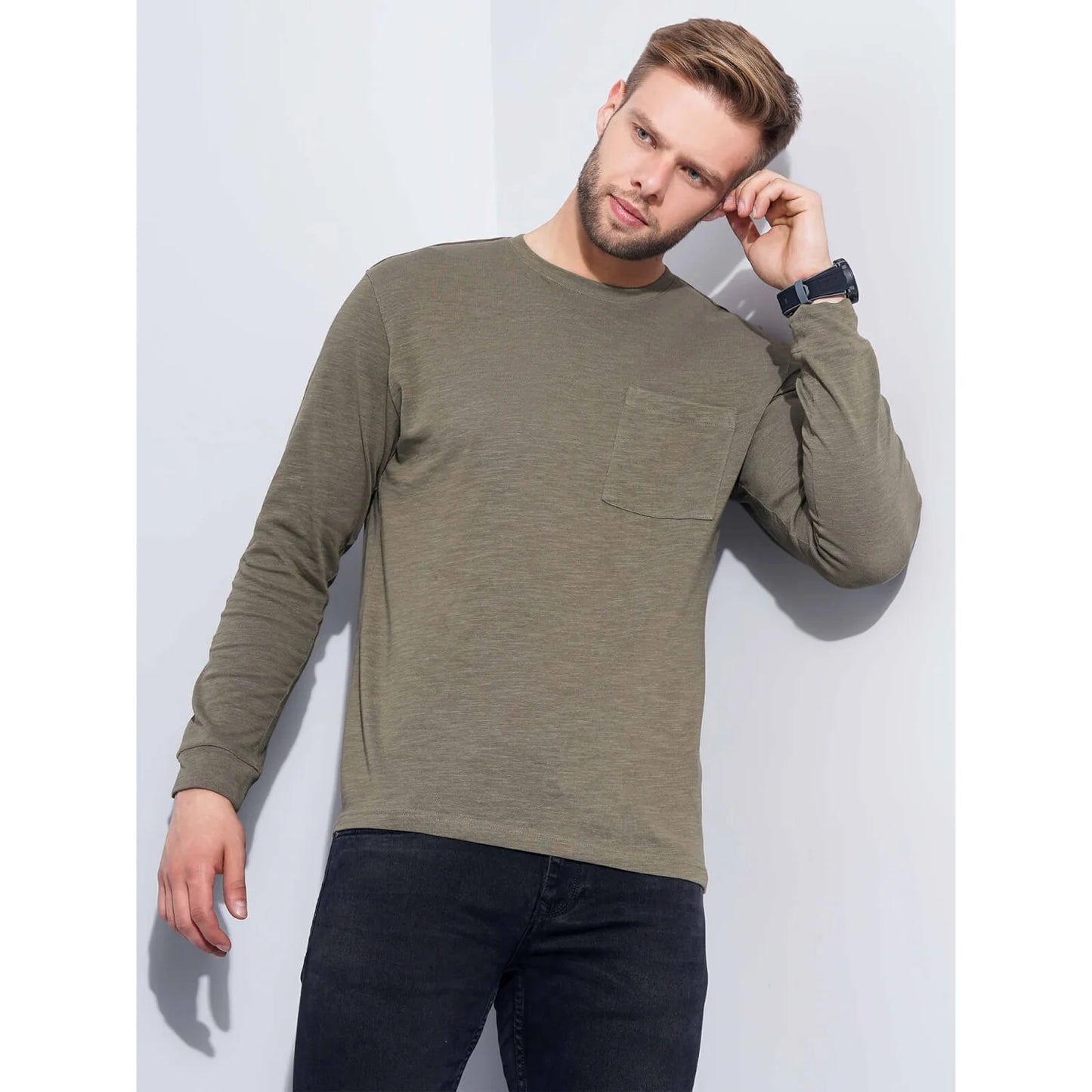 Celio* Solid Regular Fit Cotton Olive T-Shirt