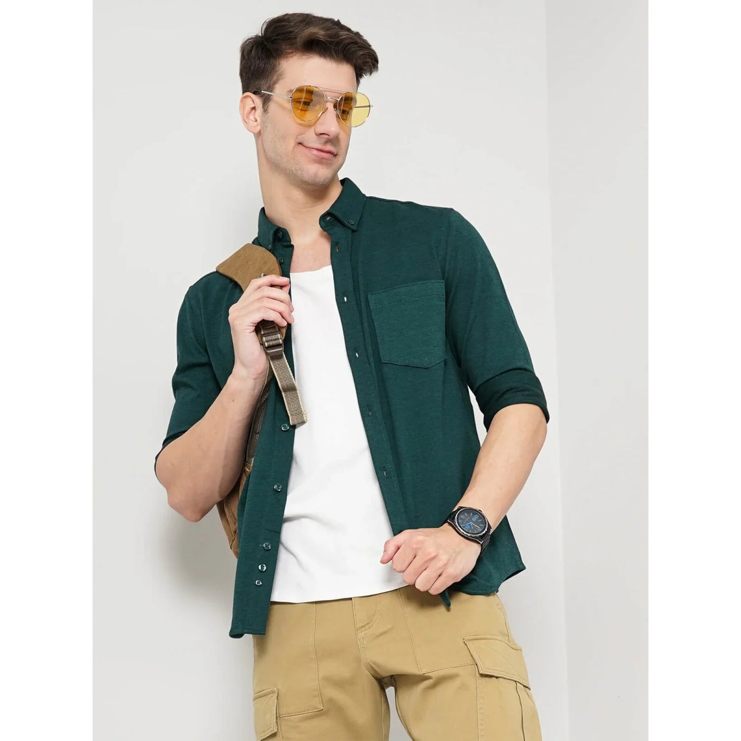 Celio* Solid Regular Fit Cotton Green Shirt