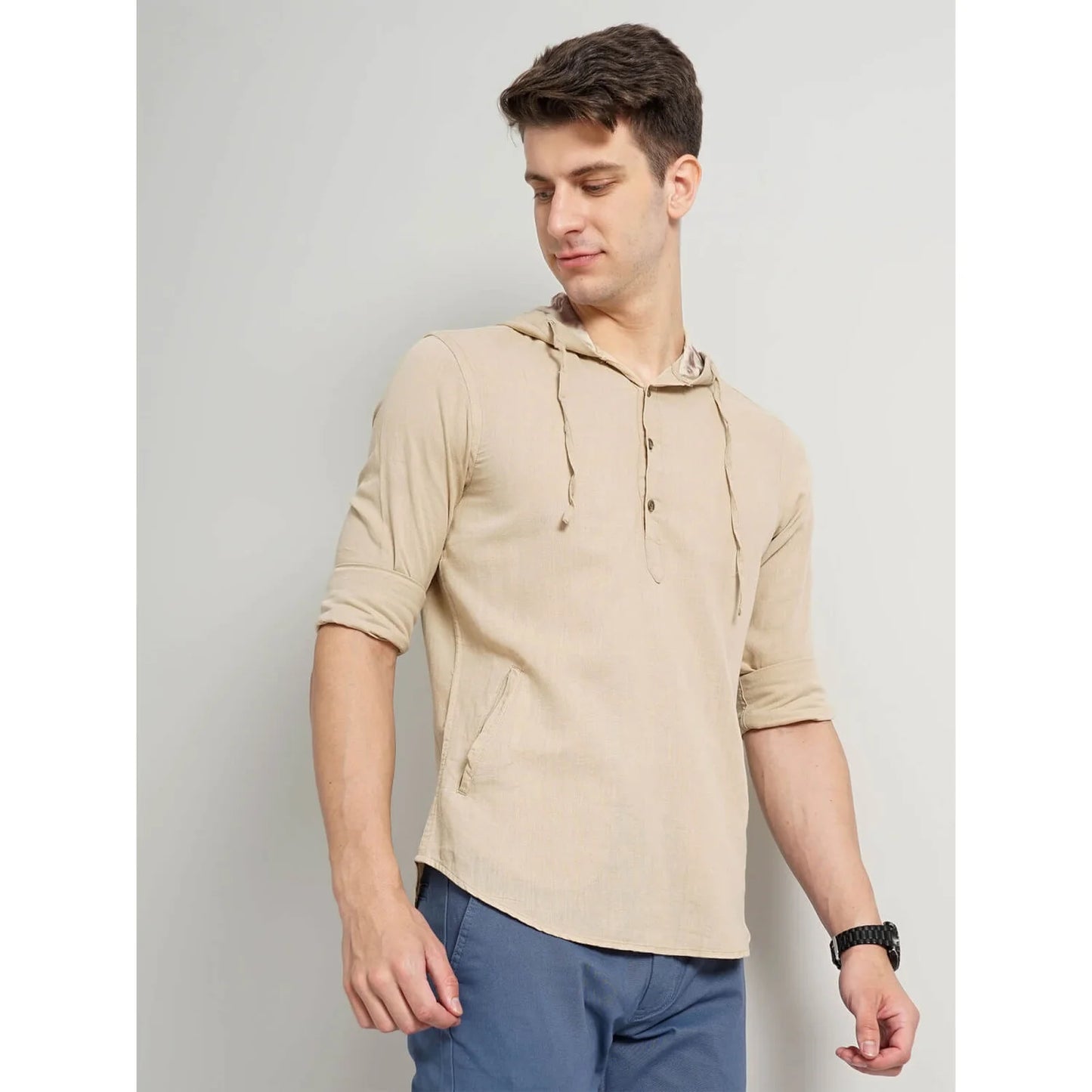 Celio* Solid Regular Fit Linen-Blend Beige Shirt