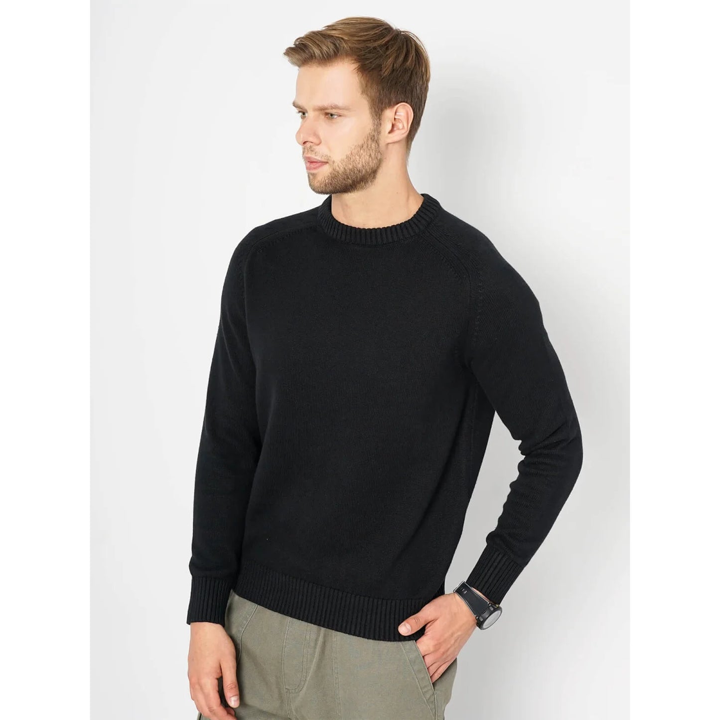 Celio* Solid Regular Fit Cotton Black Sweater