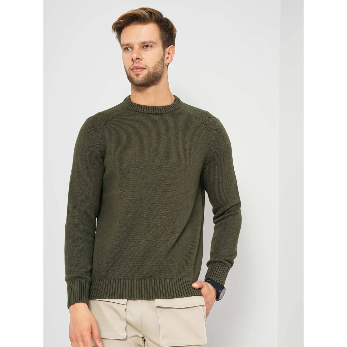 Celio* Solid Regular Fit Cotton Green Sweater