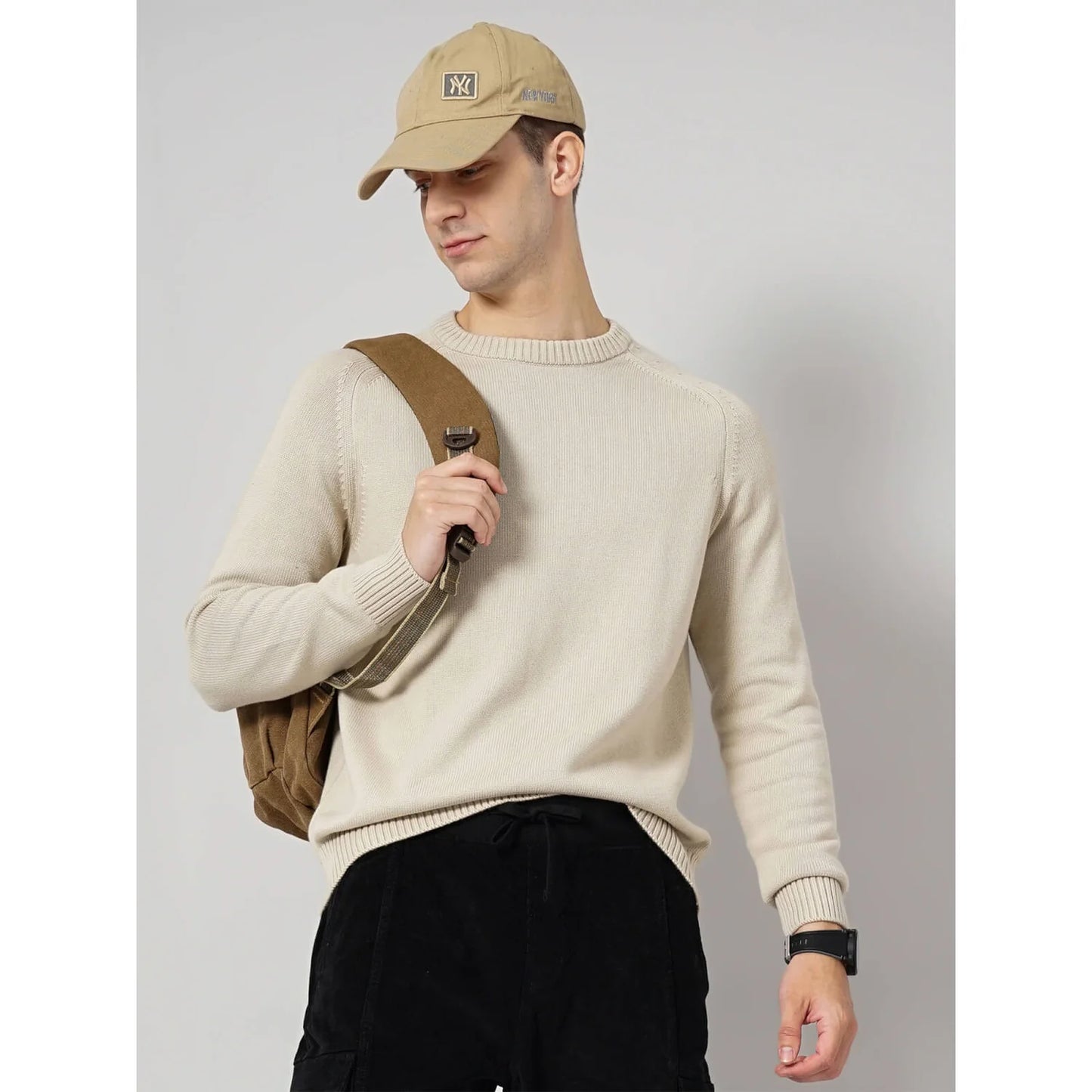 Celio* Solid Regular Fit Cotton Beige Sweater