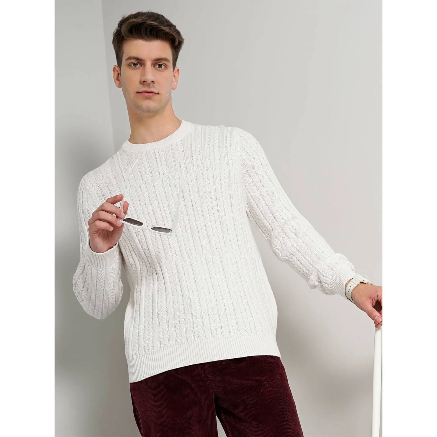 Celio* Textured Regular Fit Cotton-Blend White Sweater